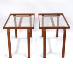 Cognac Leather Wrapped Metal End Tables Art Deco Style