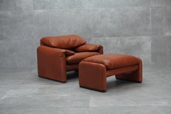 Cognac Leathered Maralunga Armchair and Pouf by Vico Magistretti, Cassina, 1970s