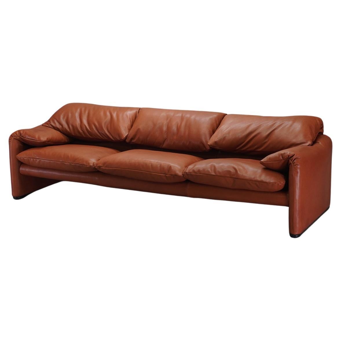 Cognac Leathered Maralunga Sofa by Vico Magistretti for Cassina, 1970s
