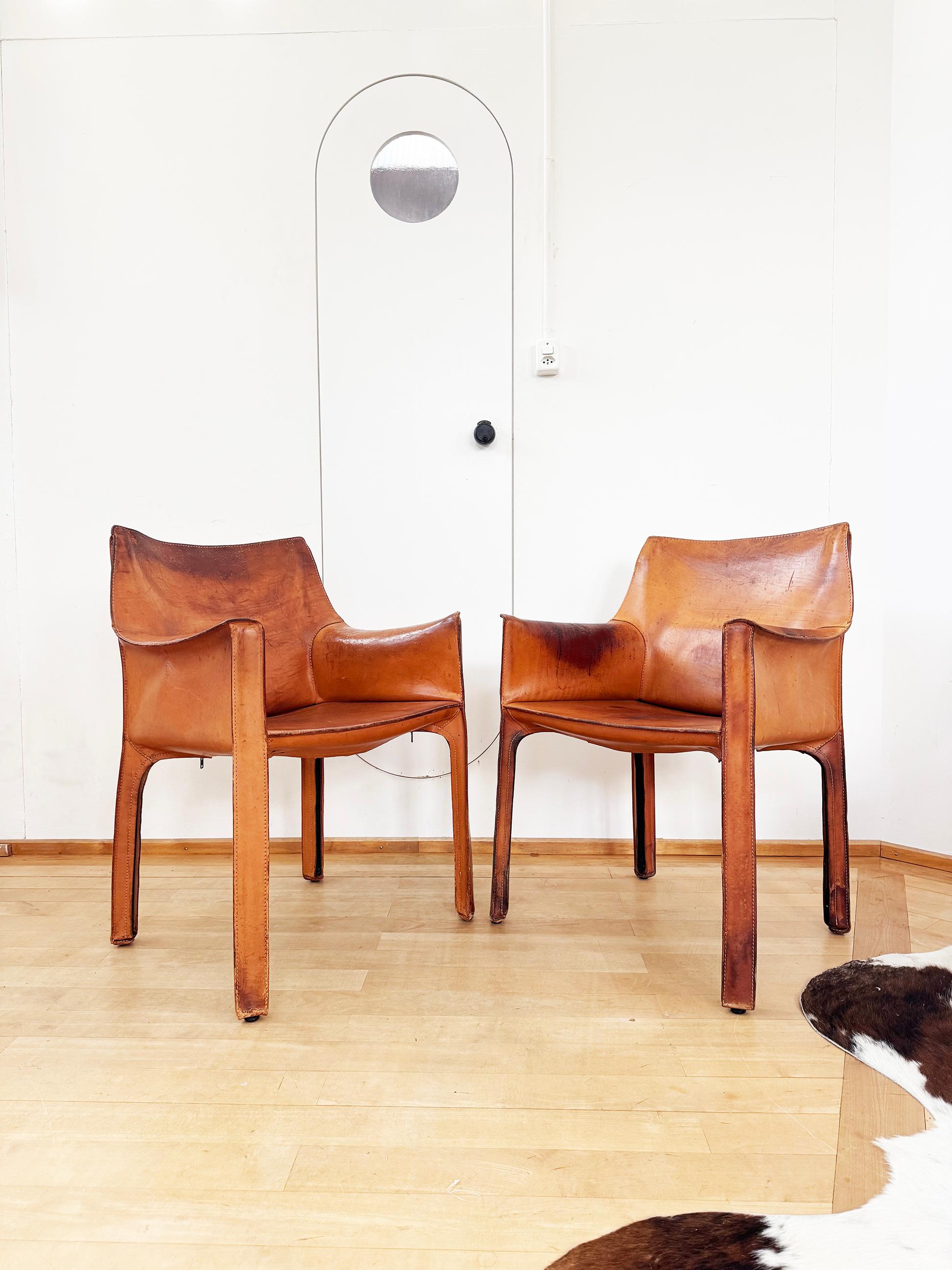 Cognac natural Brown Leather Cassina Cab 413 Armchair Bellini (4 available) For Sale 5