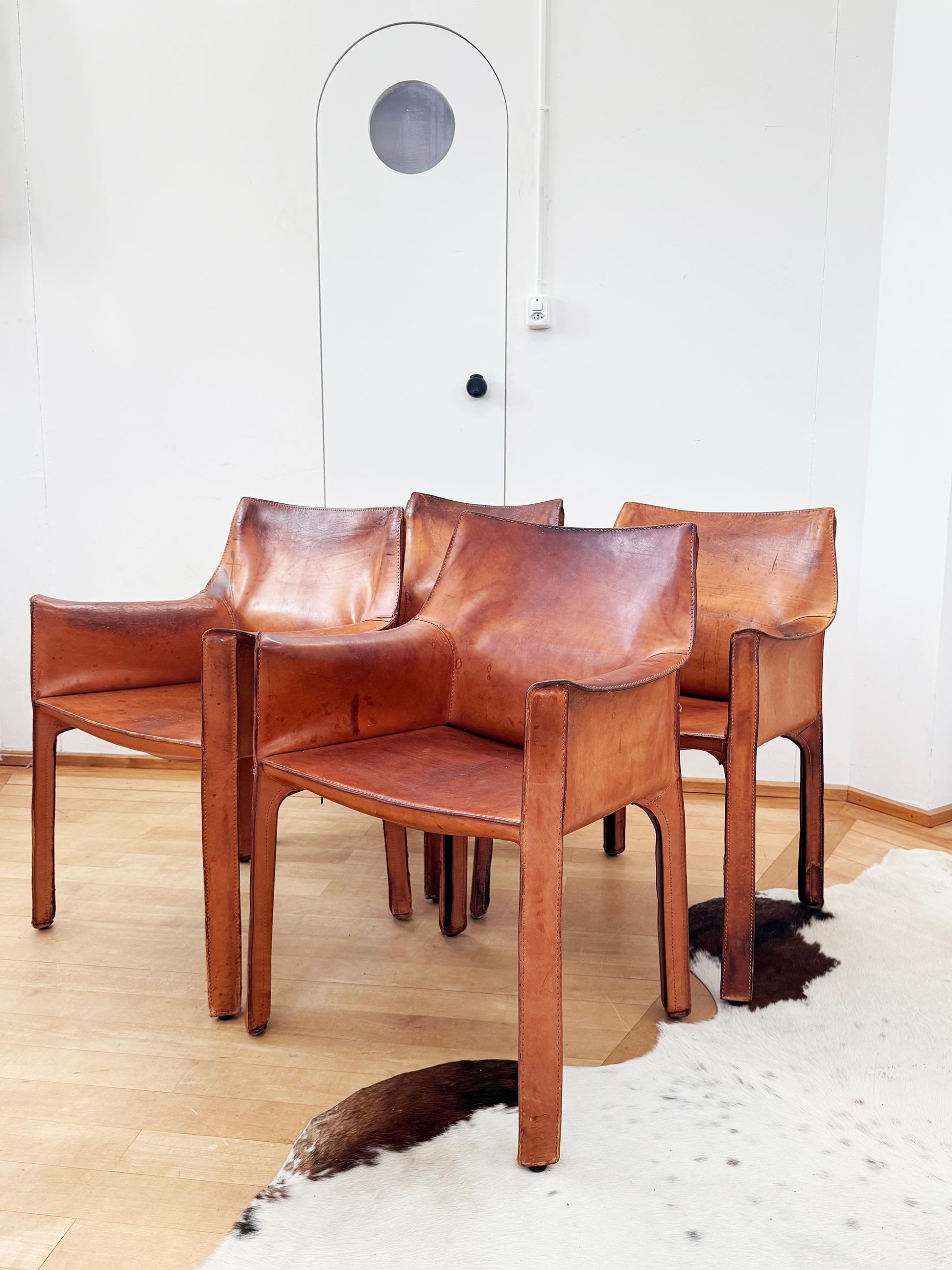 Cognac natural Brown Leather Cassina Cab 413 Armchair Bellini (4 available) For Sale 11