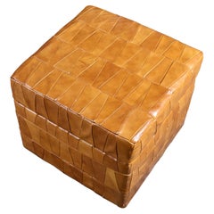 Cognac patchwork leather pouf with trunk, De Sede style, made in France, 1980s