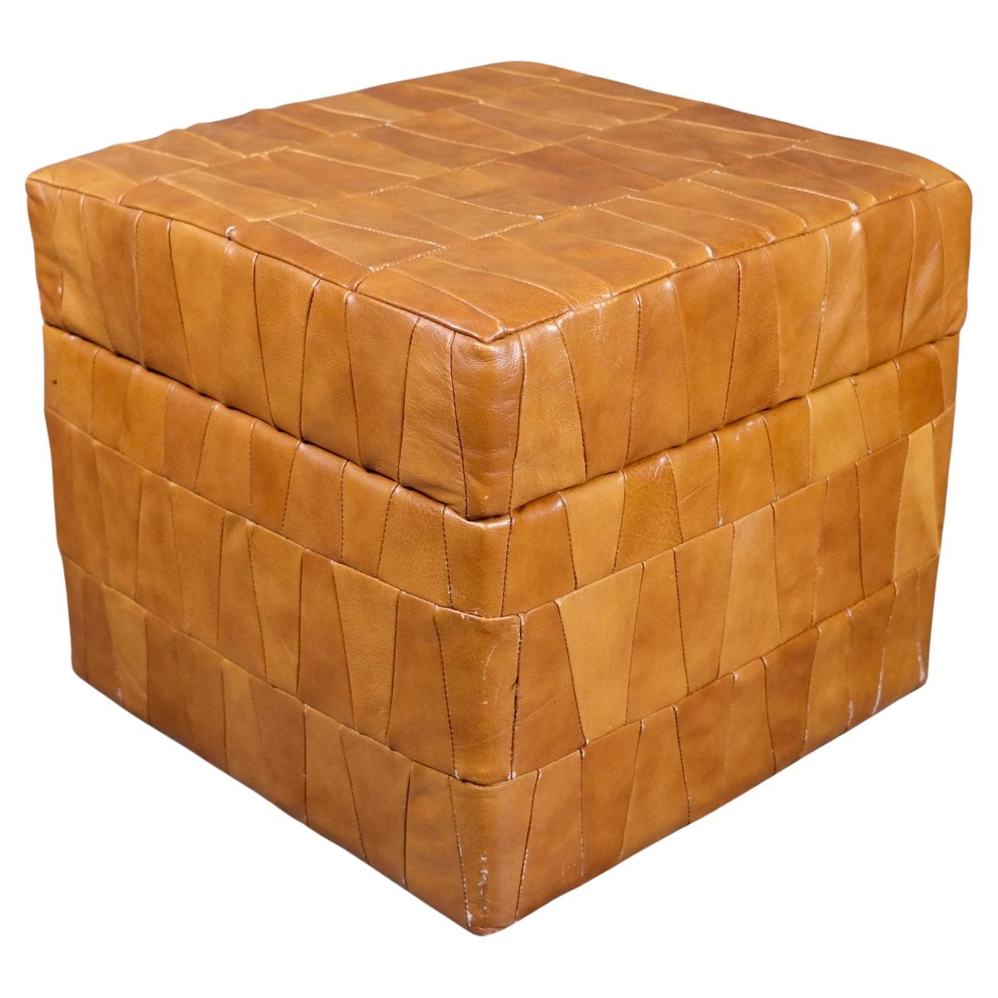 Cognac patchwork leather pouf with trunk, De Sede style, made in France, 1980s