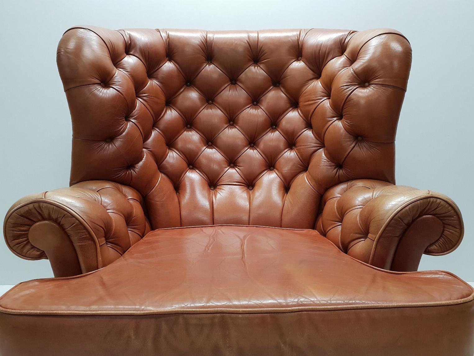British Cognac Pegasus Leather Wing Chair by Whittle Brothers of Warrington, 1970s For Sale