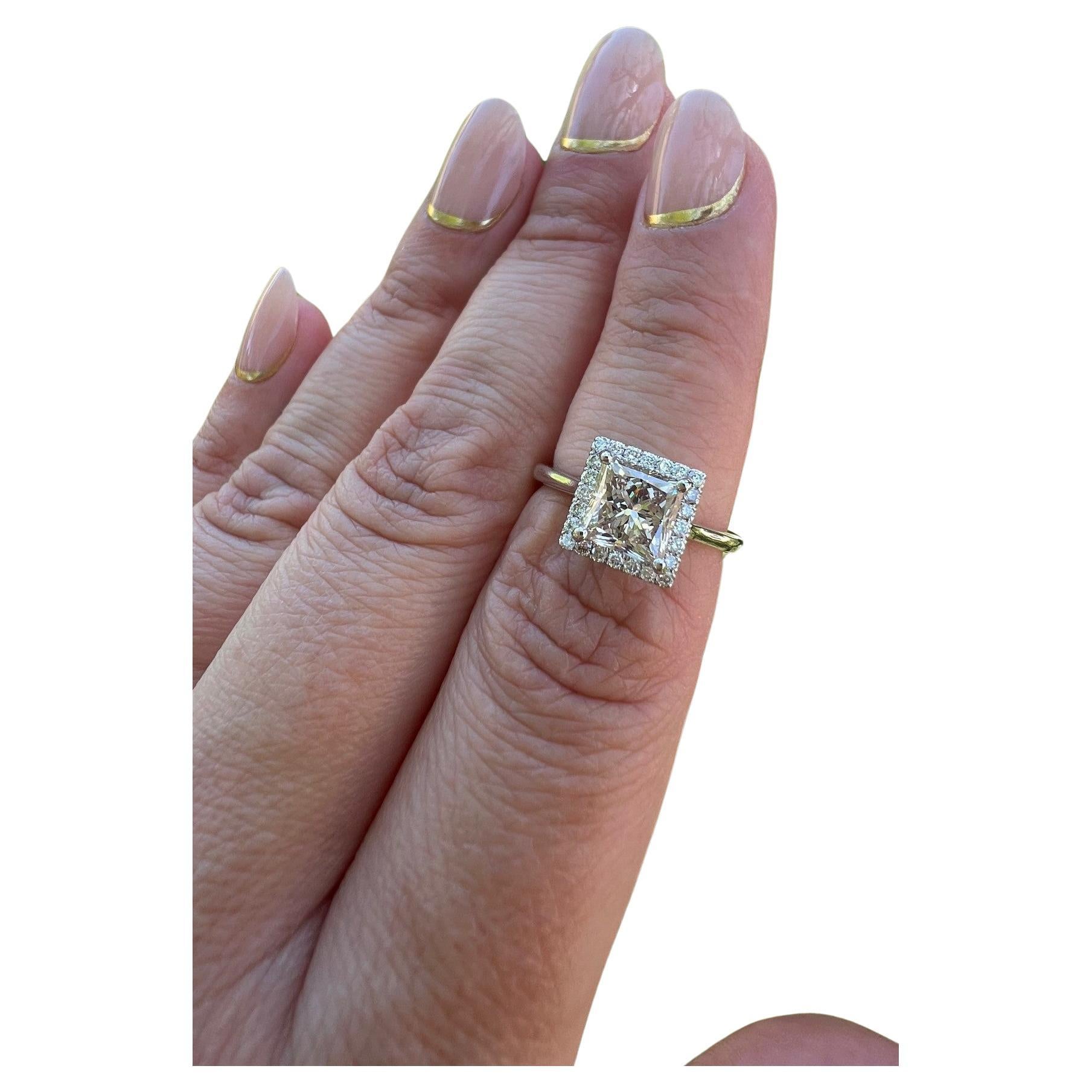 Brown Princess Cut Diamond Ring with White Diamond Halo in White Gold