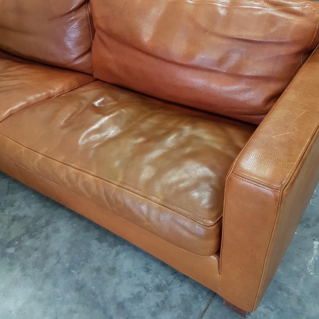 Cognac Thick High Quality Leather Two-Seat Sofa by Molinari 'Marked', 1990s 2