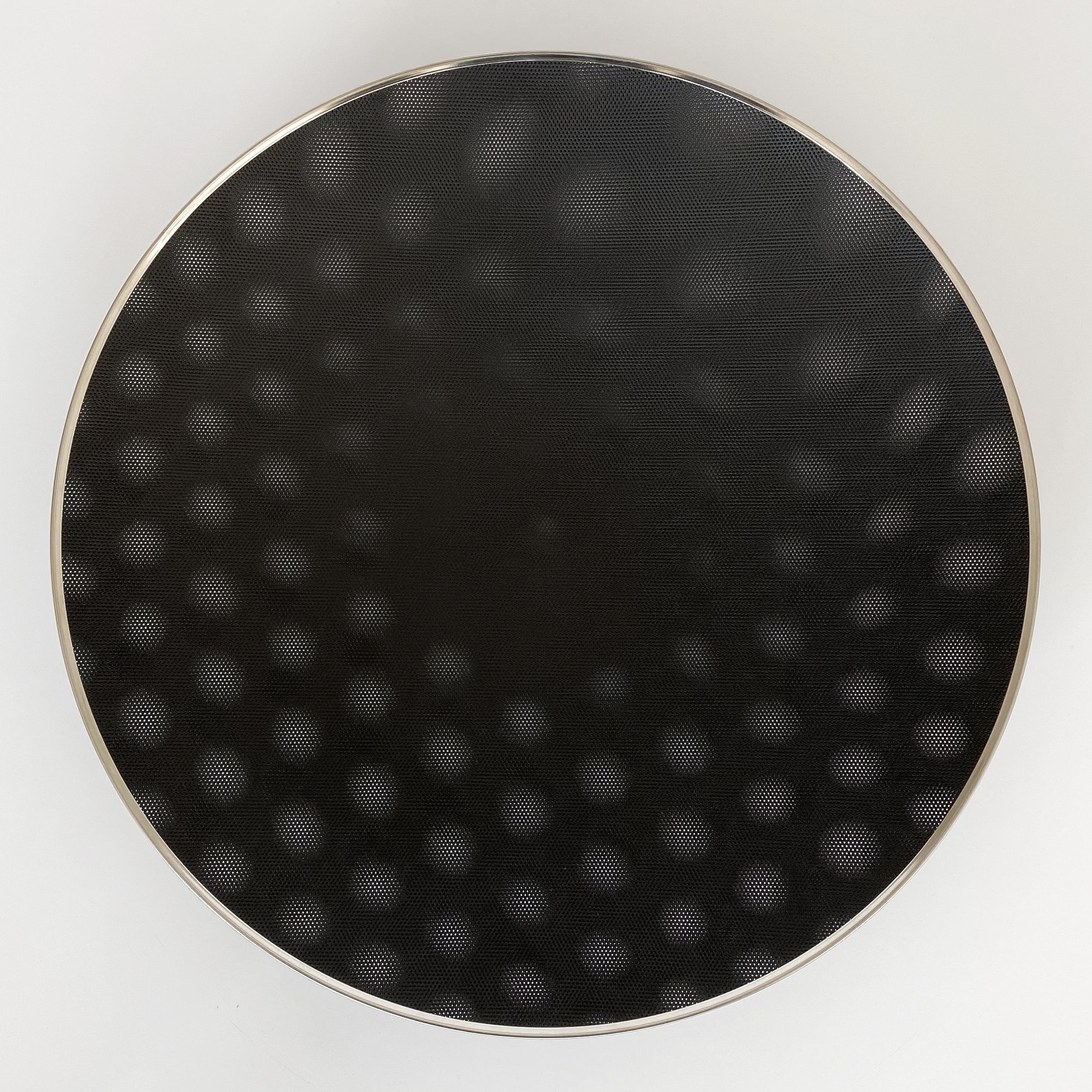 Alessi Cohncave bowl designed by Susan Cohn in 1992. Made in Italy by Alessi. The Cohncave bowl is a modern centerpiece bowl and a functional work of art. Two sheets of finely perforated steel covered in an epoxy resin are held together by a fine