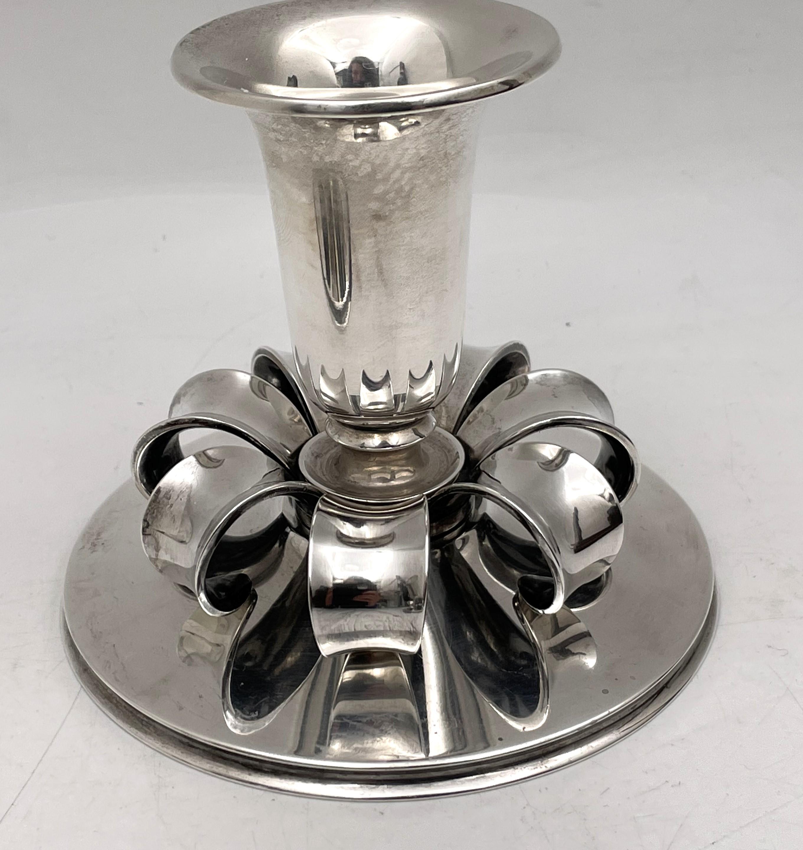 Danish Cohr Sterling Silver Pair of Oil Candlesticks in Jensen Mid-Century Modern Style For Sale