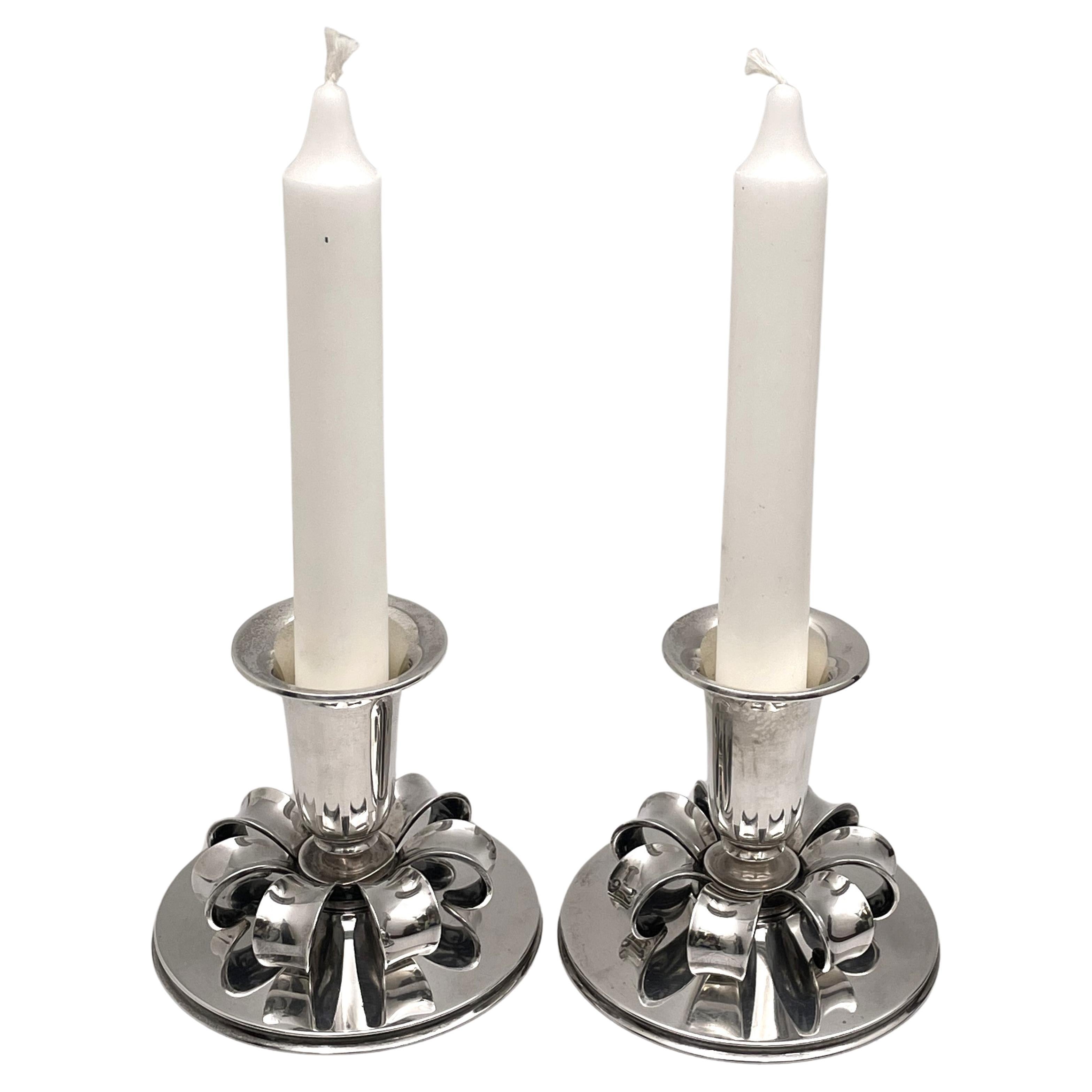 Cohr Sterling Silver Pair of Oil Candlesticks in Jensen Mid-Century Modern Style For Sale