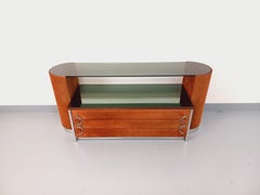 Coiffeuse vintage design italien en velours suédine, chrome, verre fumé miroir