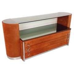 Coiffeuse vintage design italien en velours suédine, chrome, verre fumé miroir