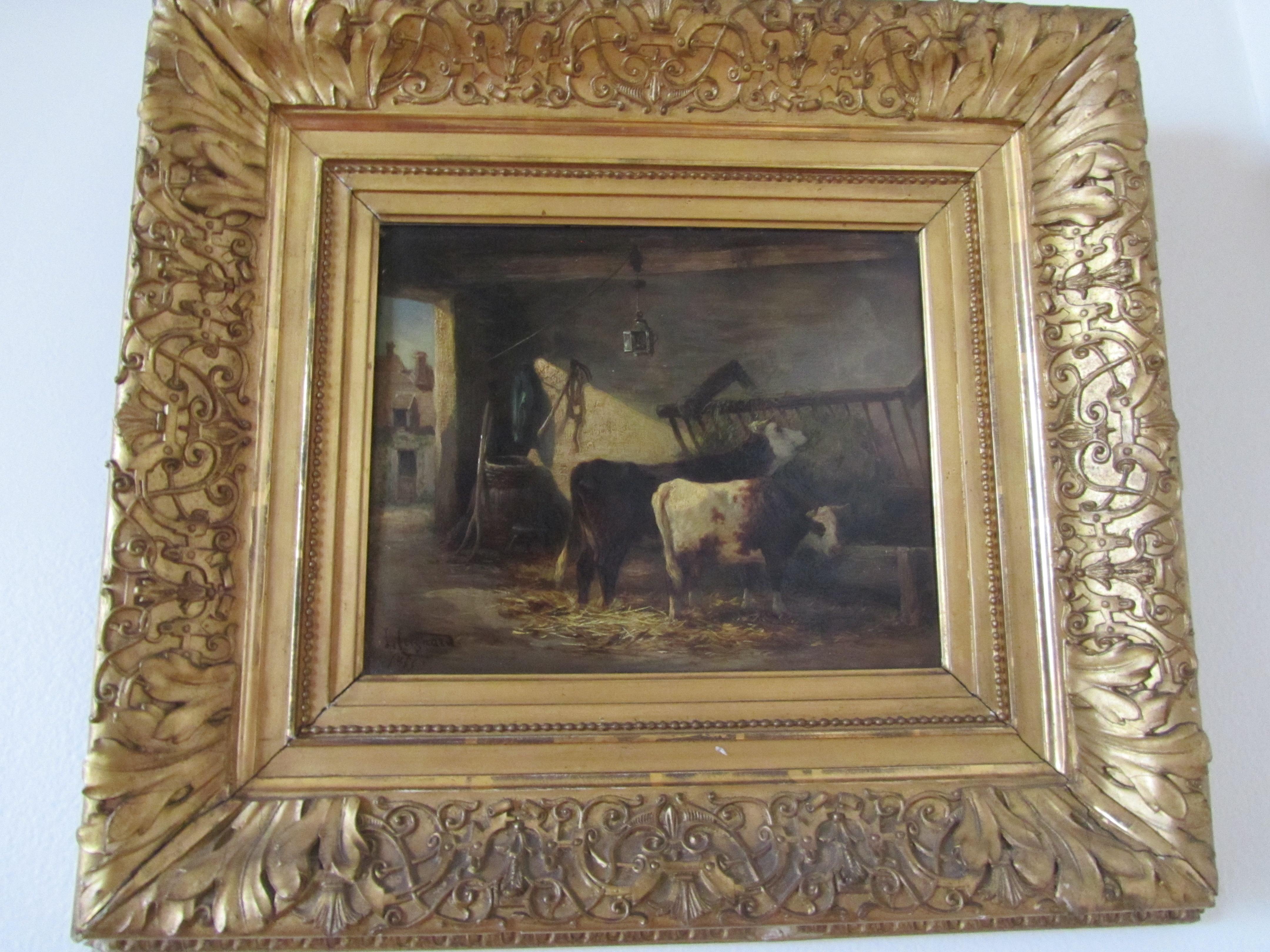 Tierszene, Öl auf Holz, unten links signiert – Painting von Coignard Louis