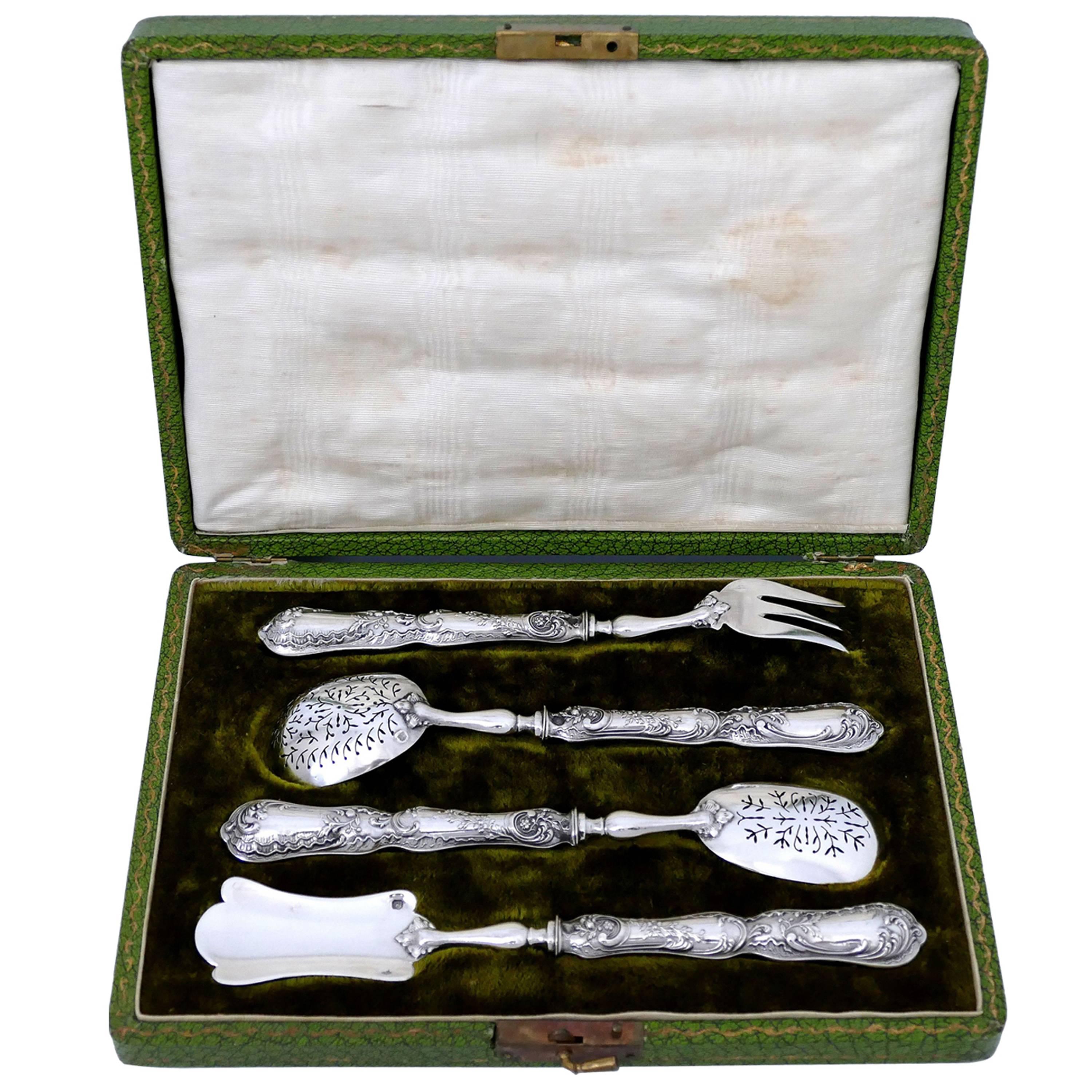 Coignet French All Sterling Silver Dessert Hors D'oeuvre Set 4 Pc, Original Box For Sale