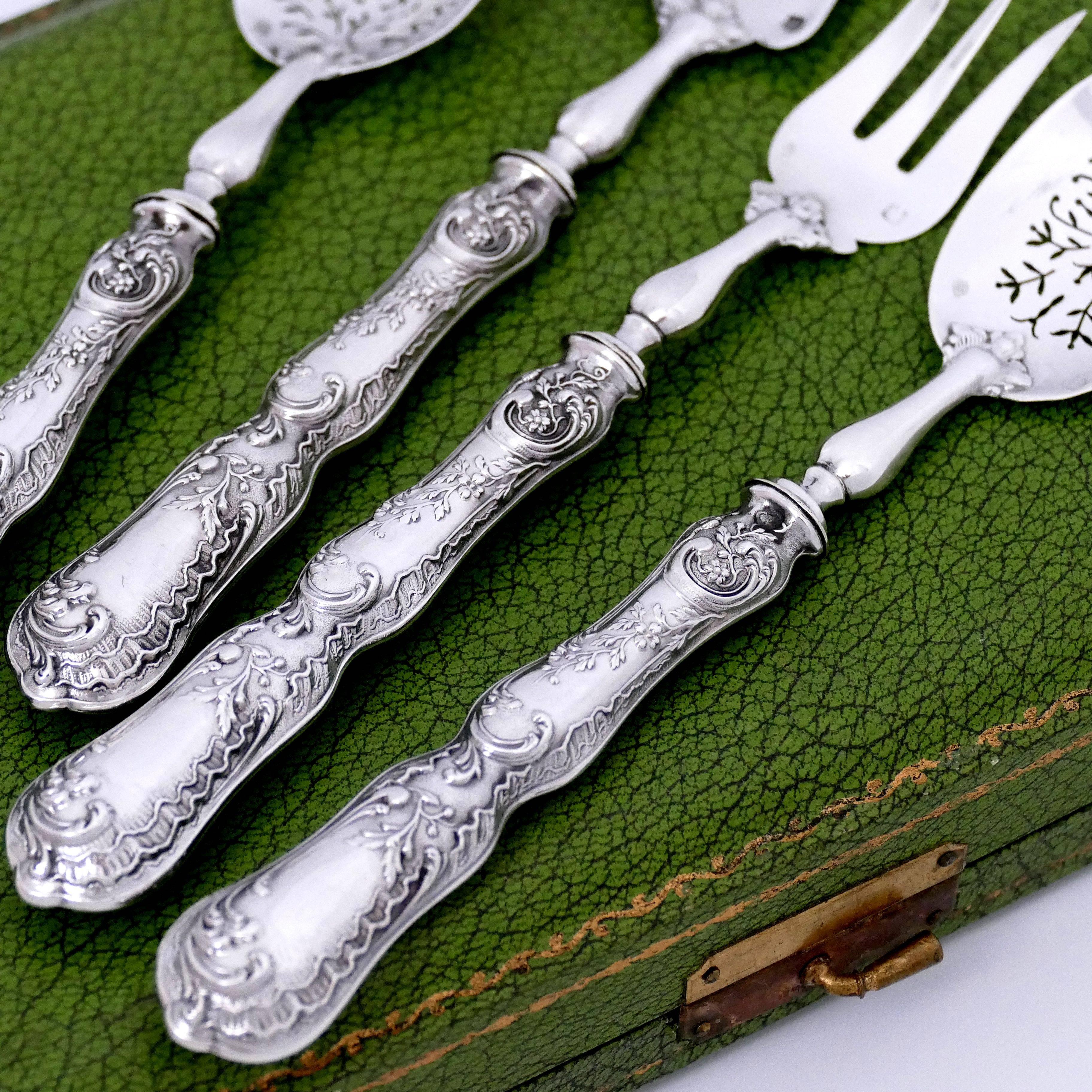 Rococo Coignet French All Sterling Silver Dessert Hors D'oeuvre Set 4 Pc, Original Box For Sale