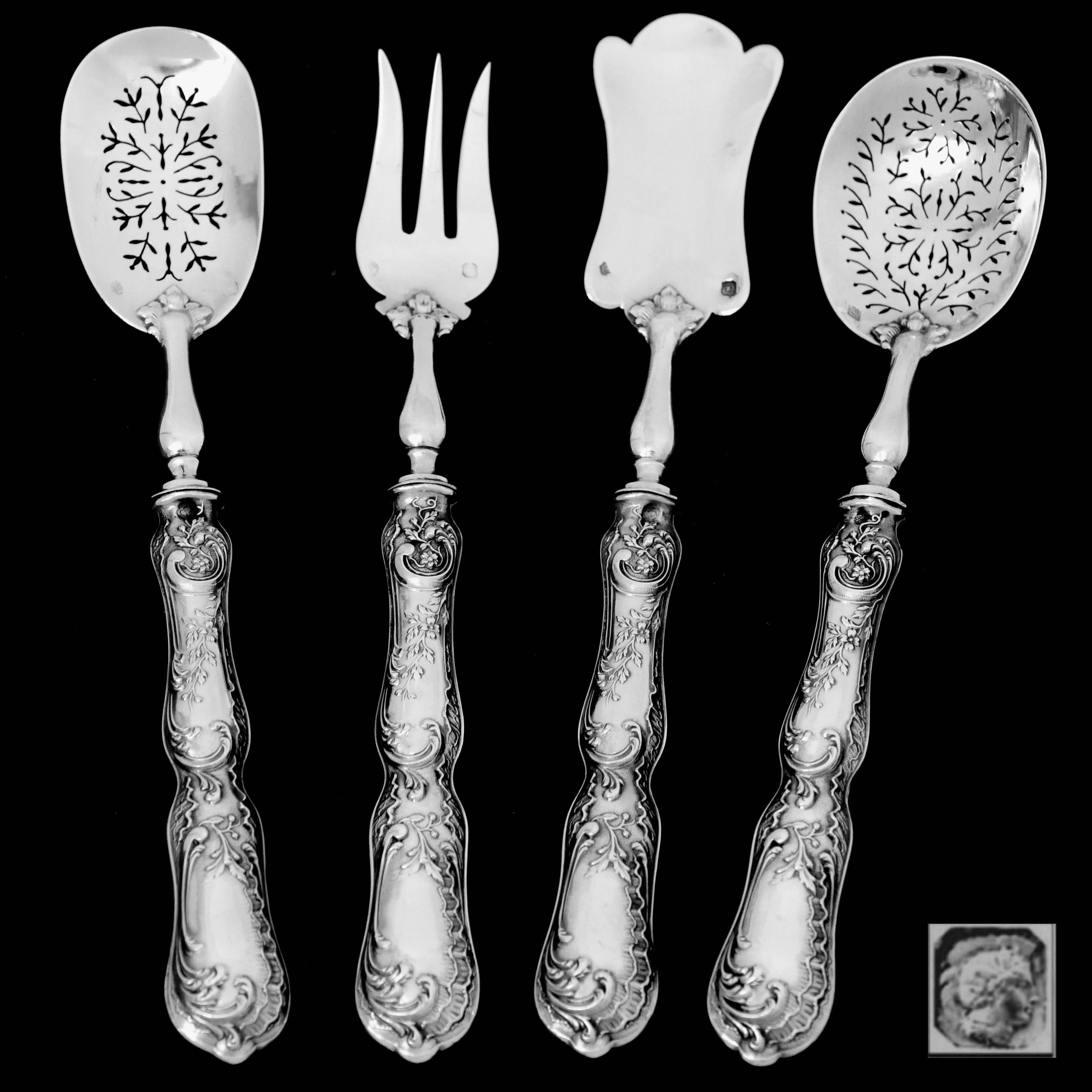 Coignet French All Sterling Silver Dessert Hors D'oeuvre Set 4 Pc, Original Box In Good Condition For Sale In TRIAIZE, PAYS DE LOIRE