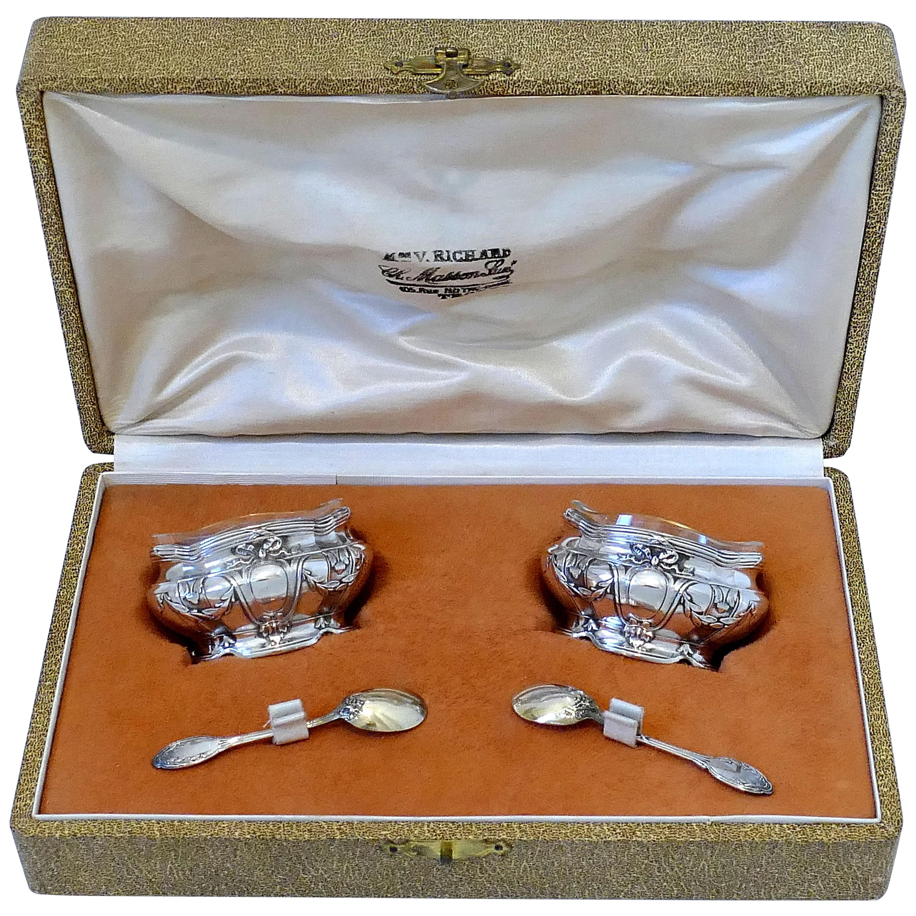 Coignet French Sterling Silver 18-Karat Gold Salt Cellars Pair, Spoons, Box For Sale