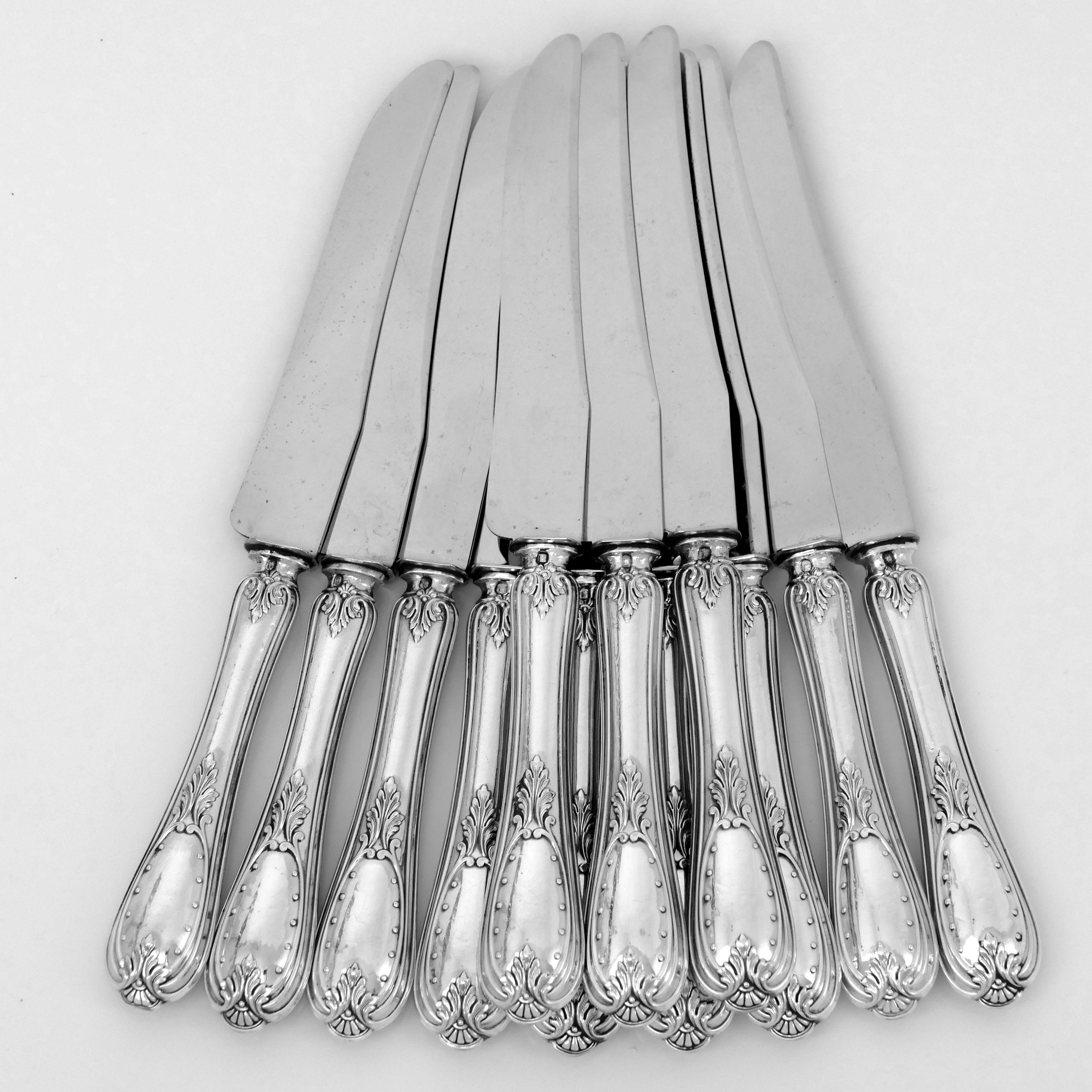 Coignet French Sterling Silver Dinner Knife Set 12 Pieces with Box, Neoclassical 8