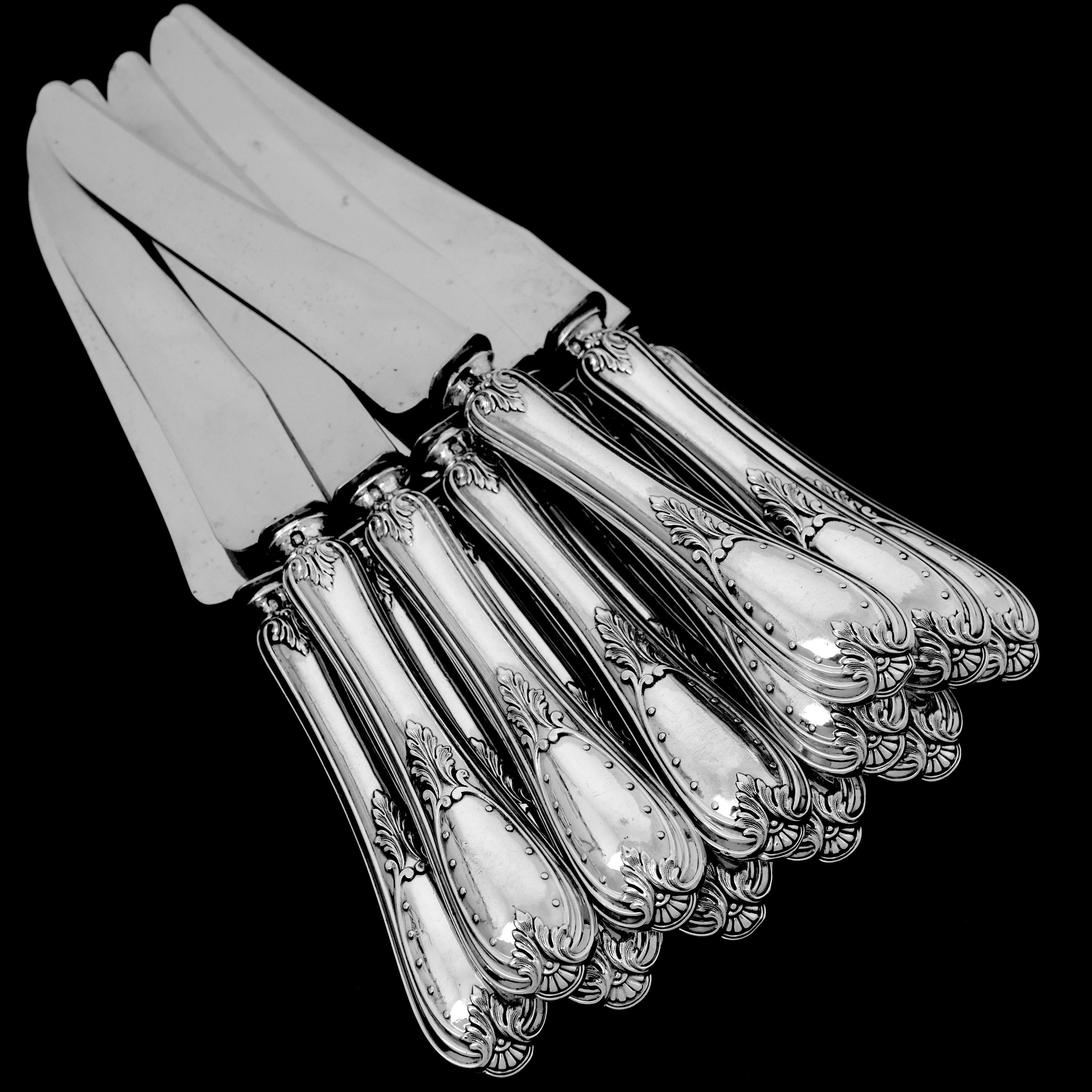 Coignet French Sterling Silver Dinner Knife Set 12 Pieces with Box, Neoclassical In Good Condition In TRIAIZE, PAYS DE LOIRE