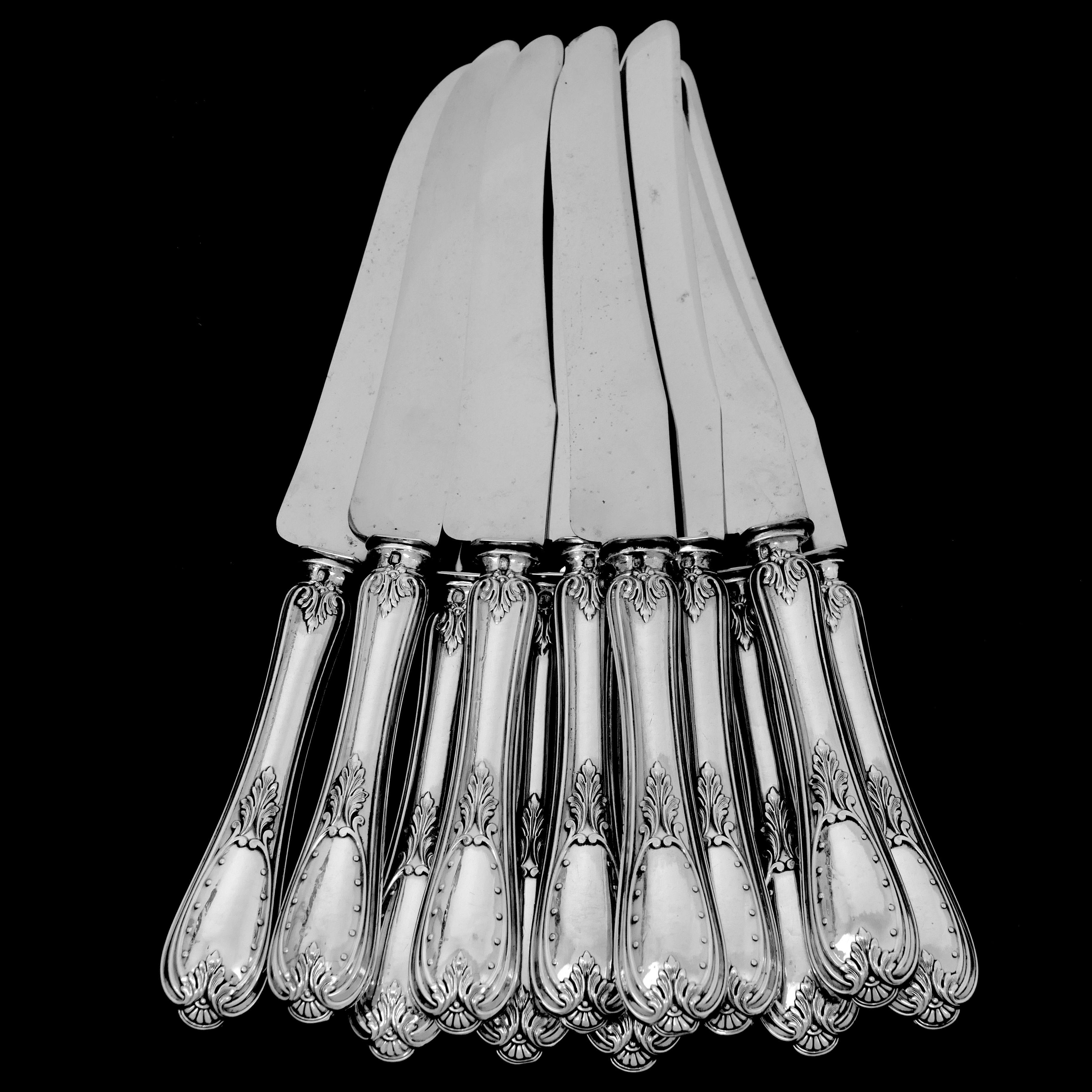 Coignet French Sterling Silver Dinner Knife Set 12 Pieces with Box, Neoclassical 3