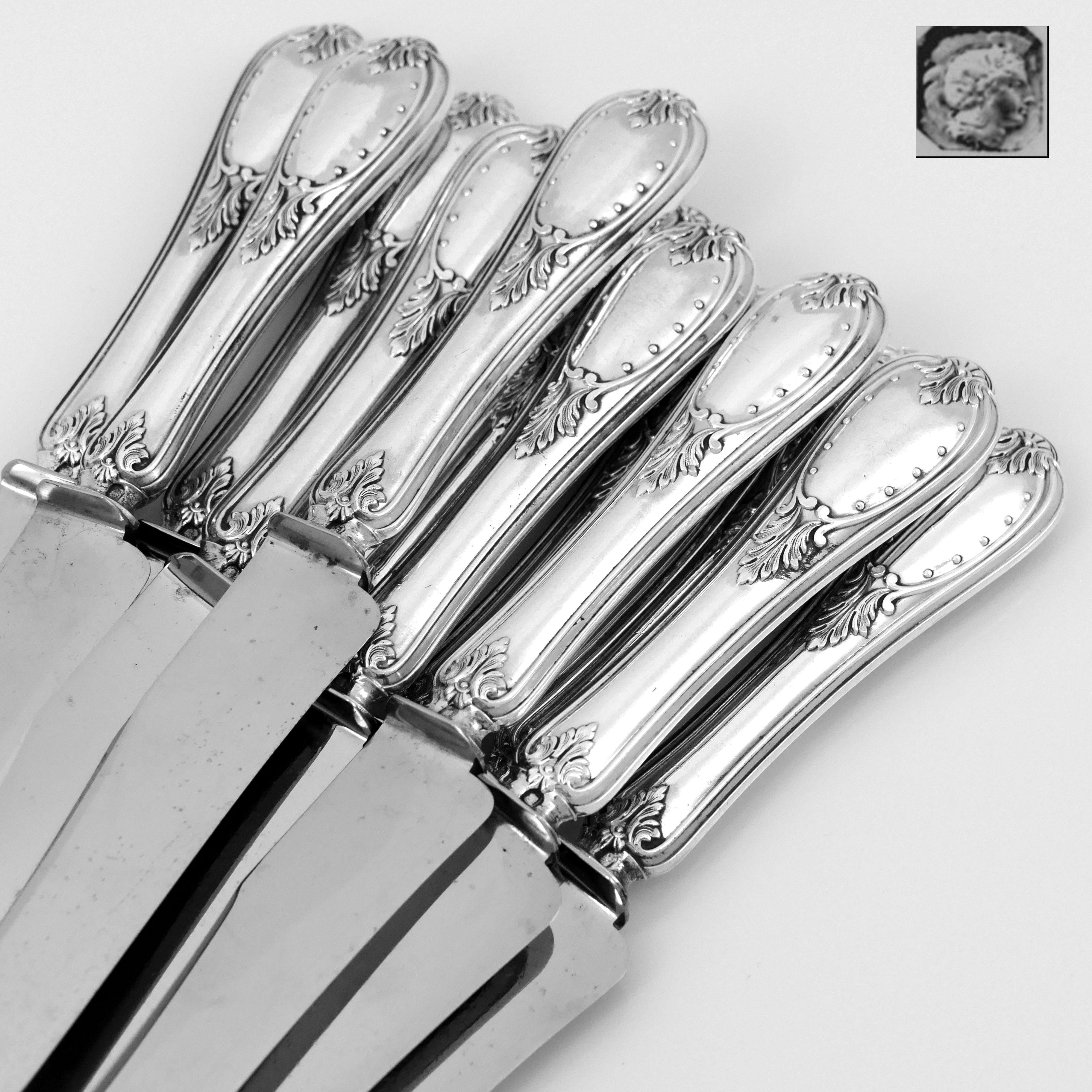 Coignet French Sterling Silver Dinner Knife Set 12 Pieces with Box, Neoclassical 4