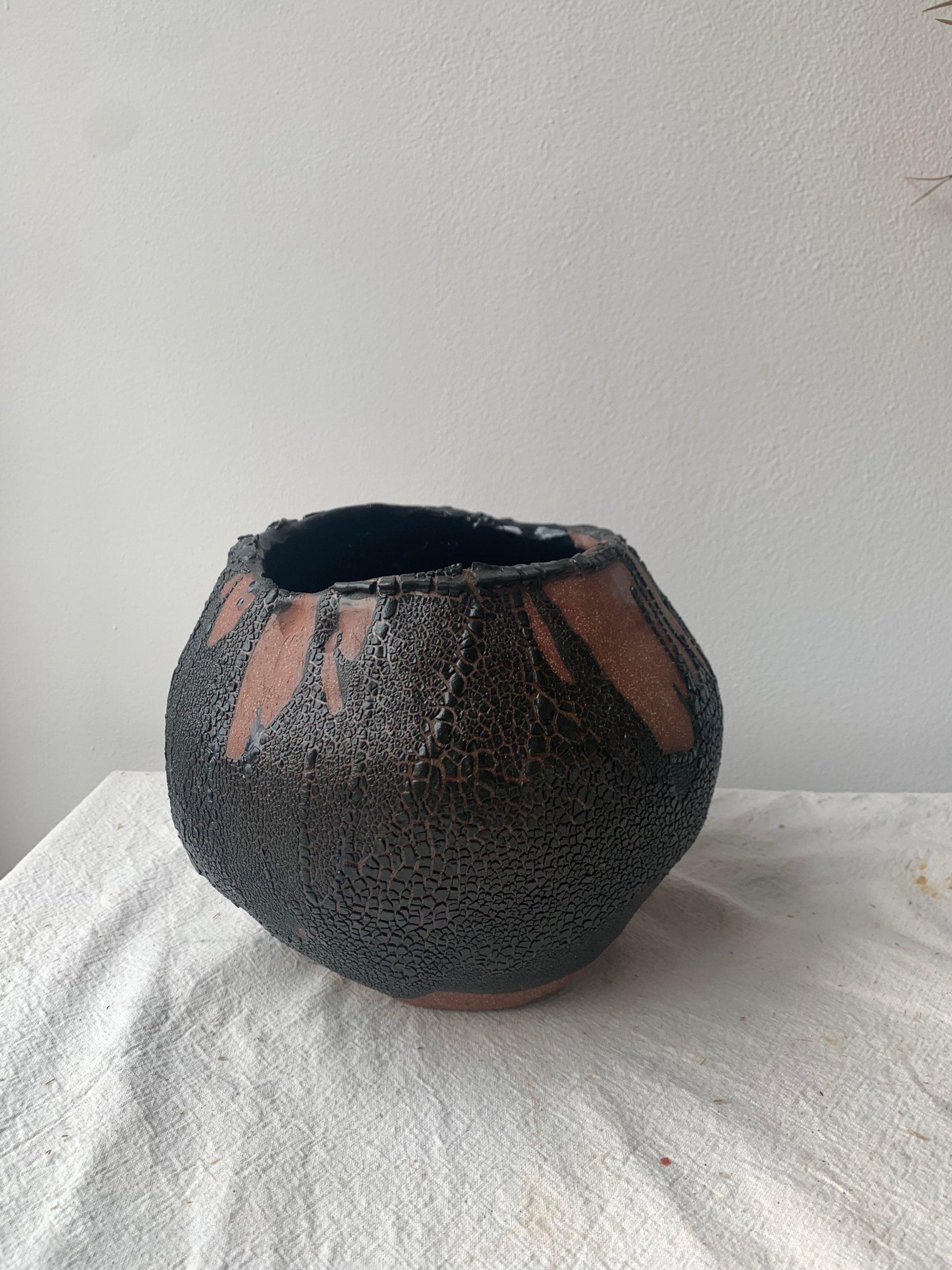 Contemporary Coil-built Black Lava Vase For Sale