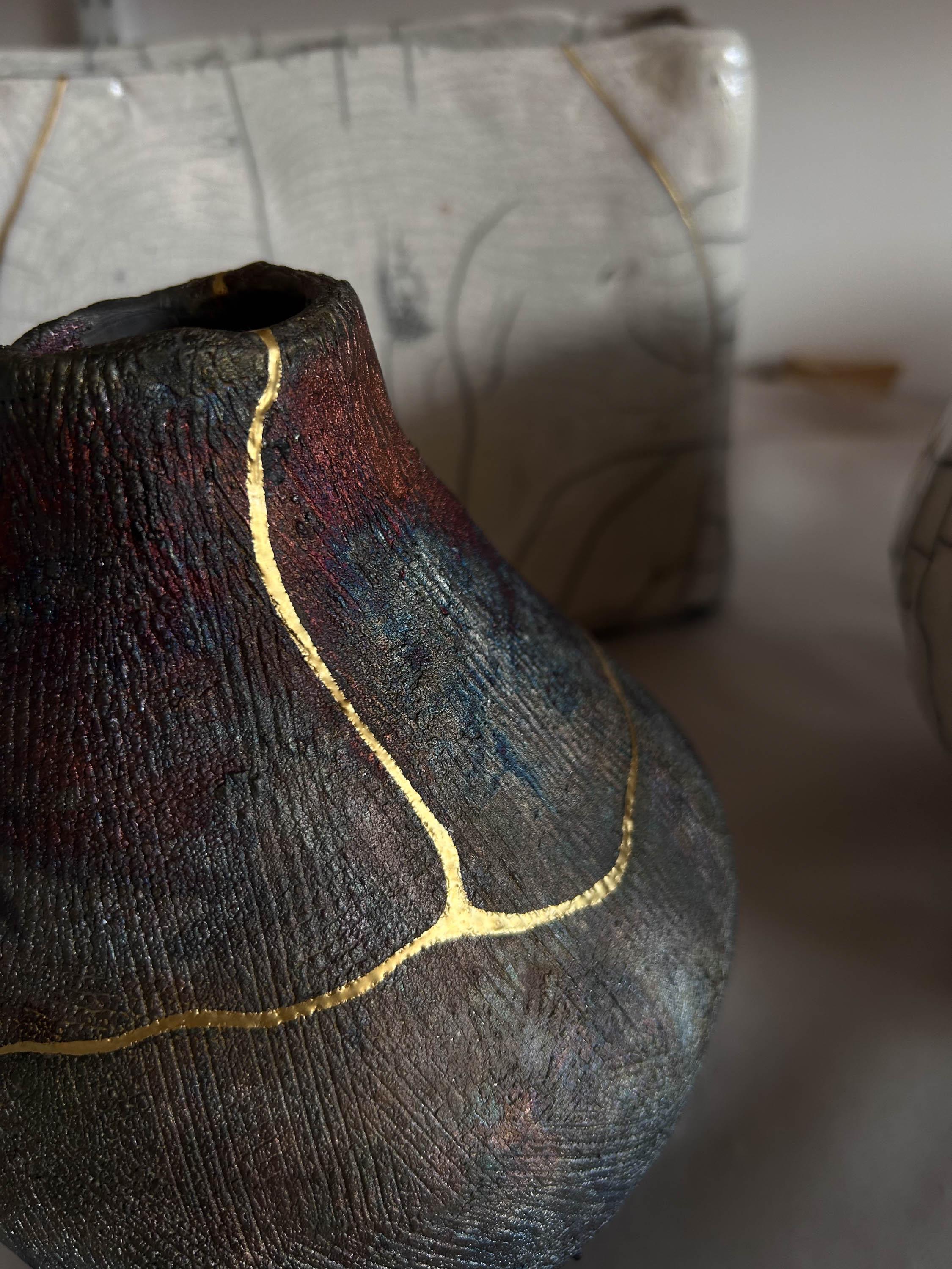 Coil-built Iridescent Vase with 24 Karat Gold Kintsugi Repair 4