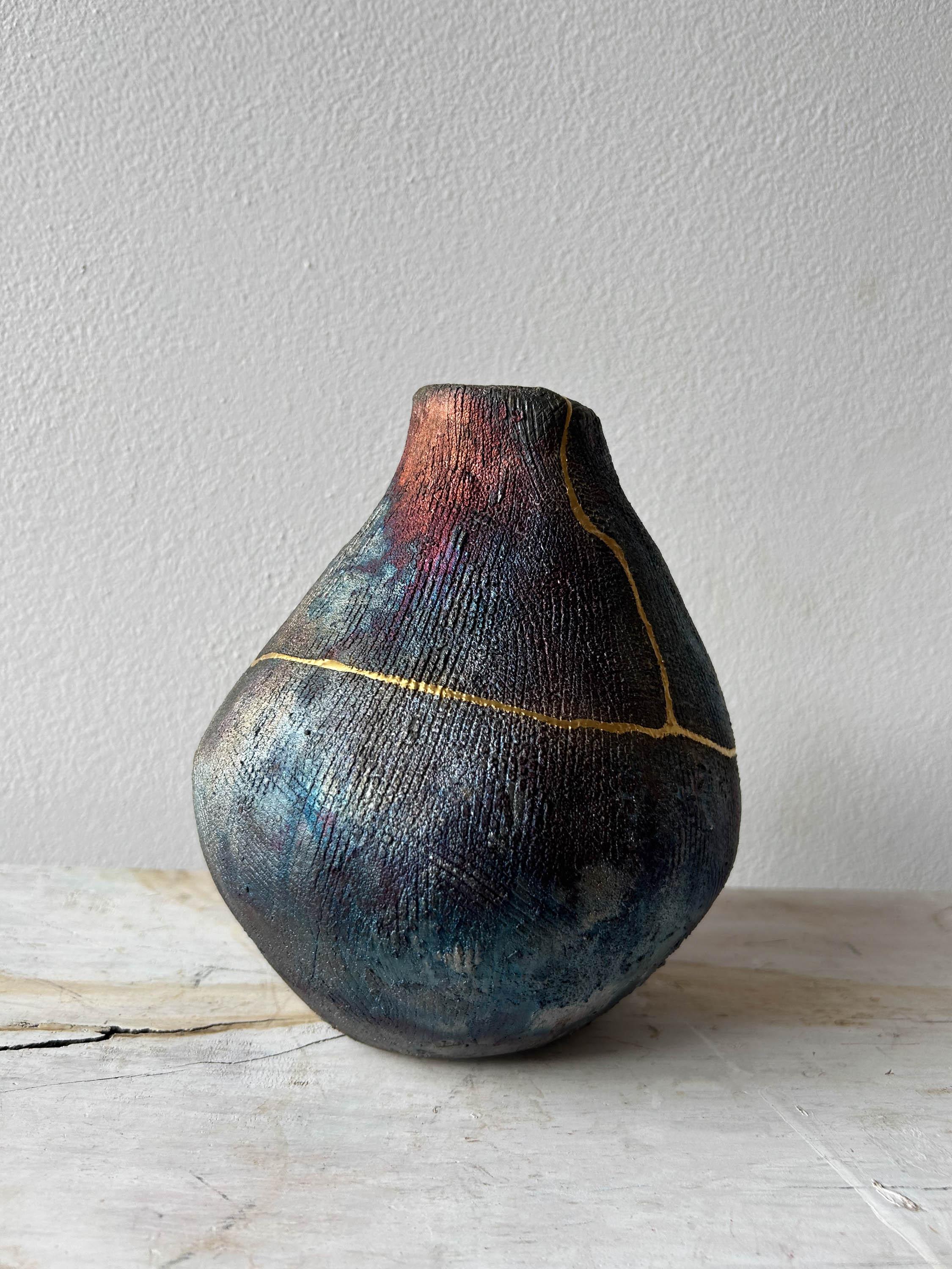 Organic Modern Coil-built Iridescent Vase with 24 Karat Gold Kintsugi Repair