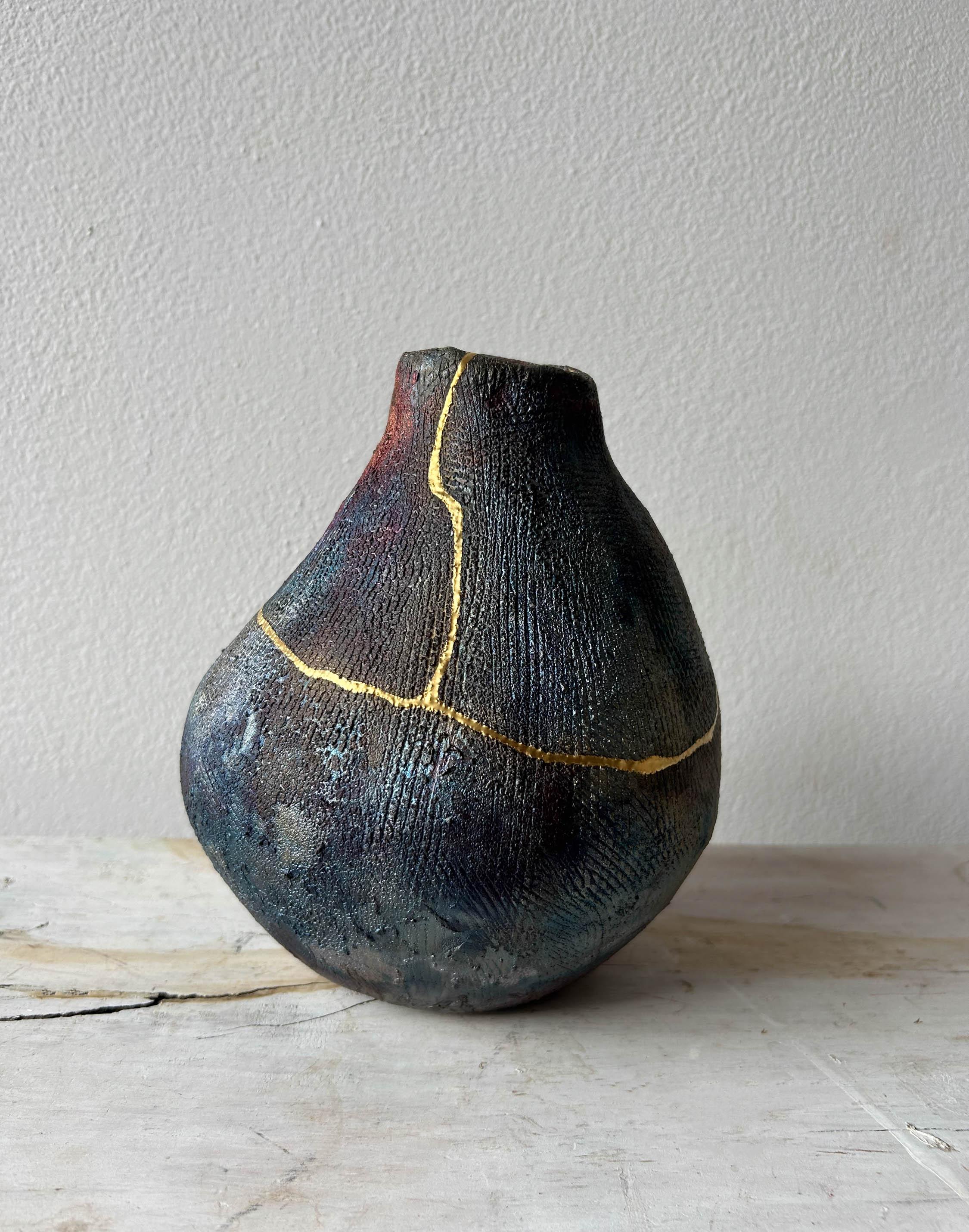 American Coil-built Iridescent Vase with 24 Karat Gold Kintsugi Repair