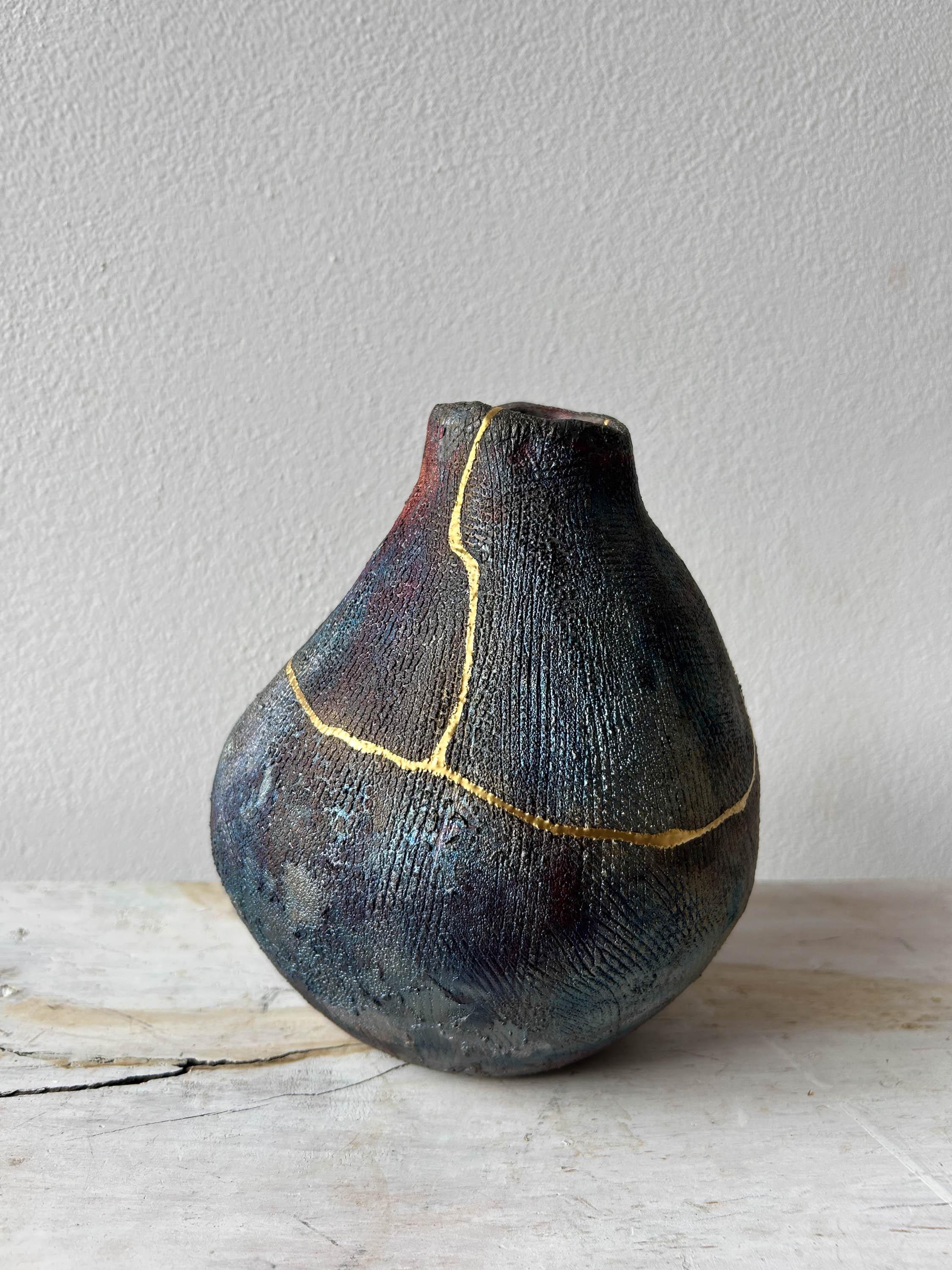 Fired Coil-built Iridescent Vase with 24 Karat Gold Kintsugi Repair
