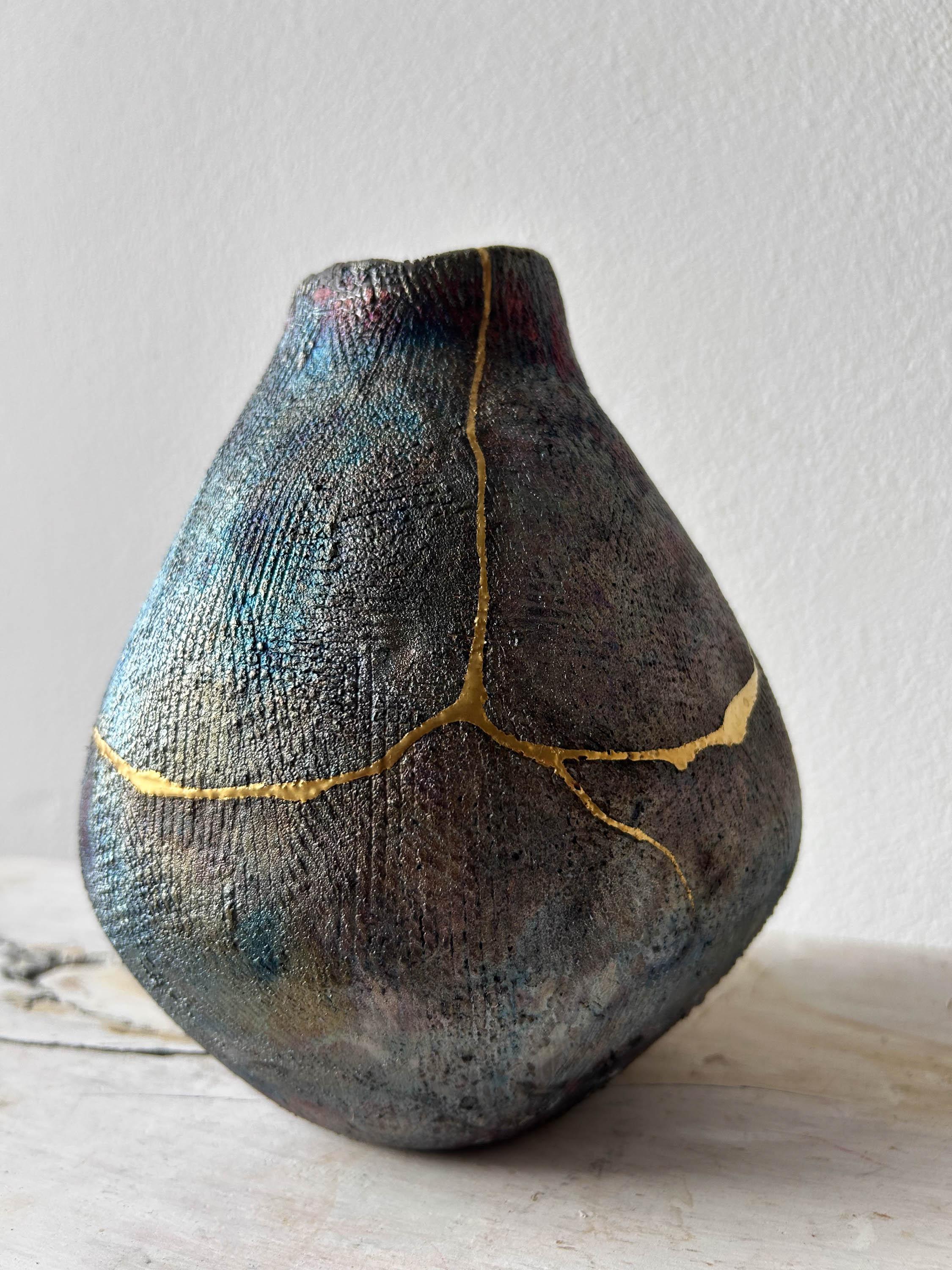 Ceramic Coil-built Iridescent Vase with 24 Karat Gold Kintsugi Repair
