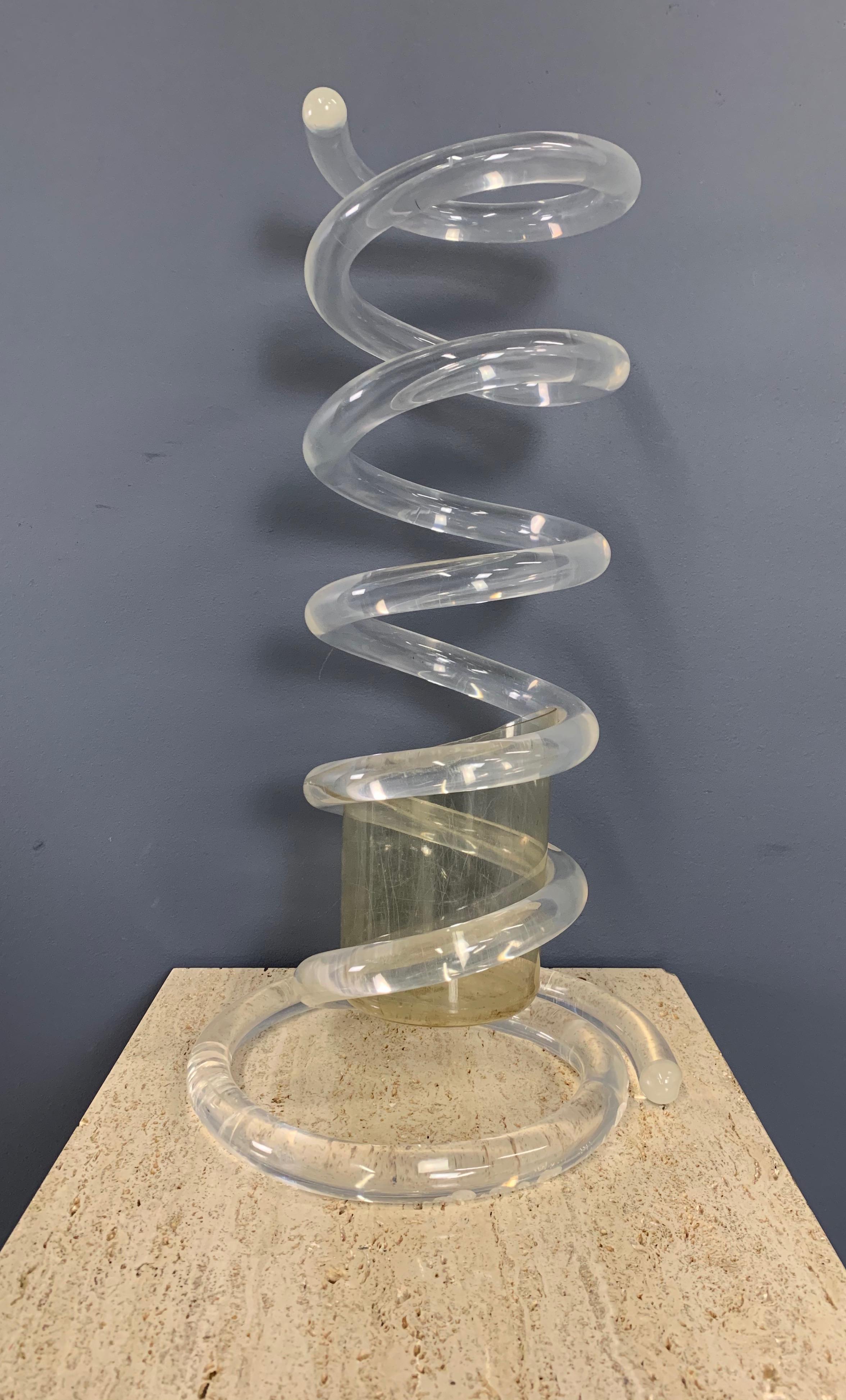 Whimsical coiled Lucite umbrella stand looking like a snake in the style of Dorothy Thorpe.