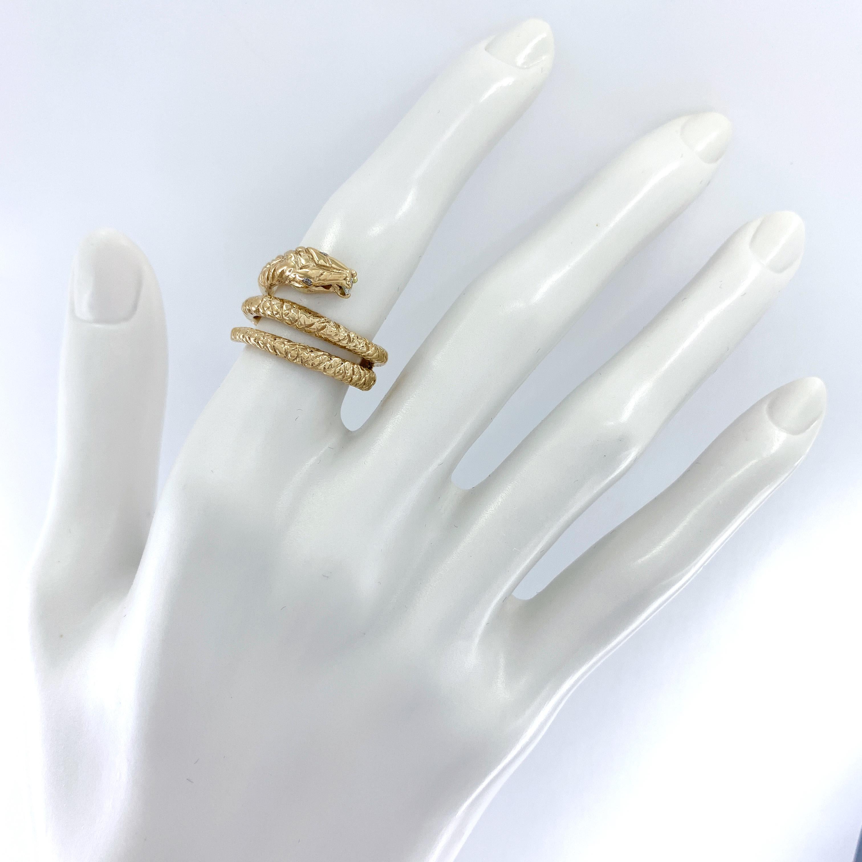 Our Mr. Snake was cast by Eytan Brandes using a mold made from a Victorian-era ring.  The original ring was 9k and had ruby eyes.  

Eytan's updated version is 18 karat gold and features diamond eyes plus a bright white diamond for Mr. Snake to