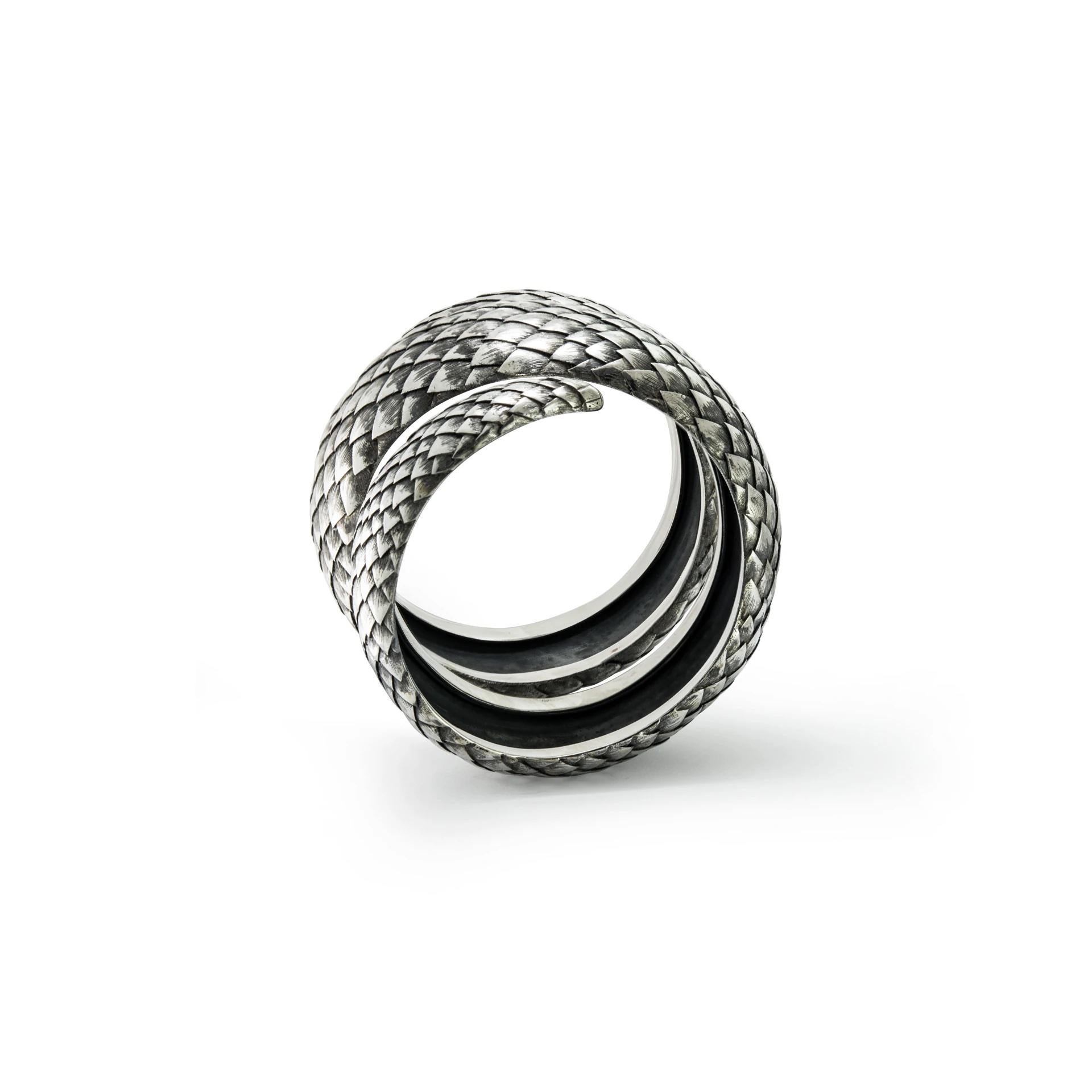 Modern Coiled Scale Bracelet from Sterling Silver, Hand-Made in Bali