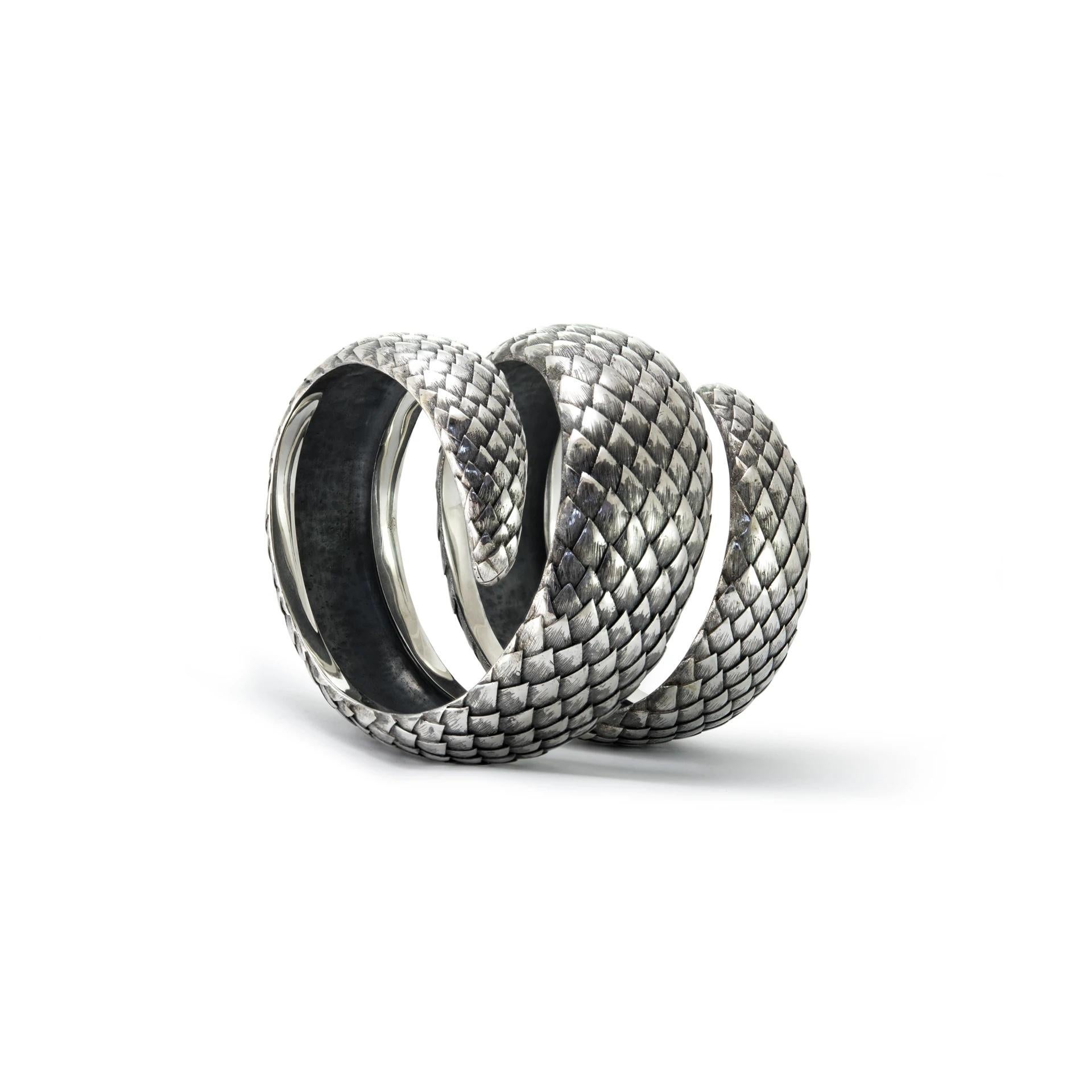 Hand-Crafted Coiled Scale Bracelet from Sterling Silver, Hand-Made in Bali