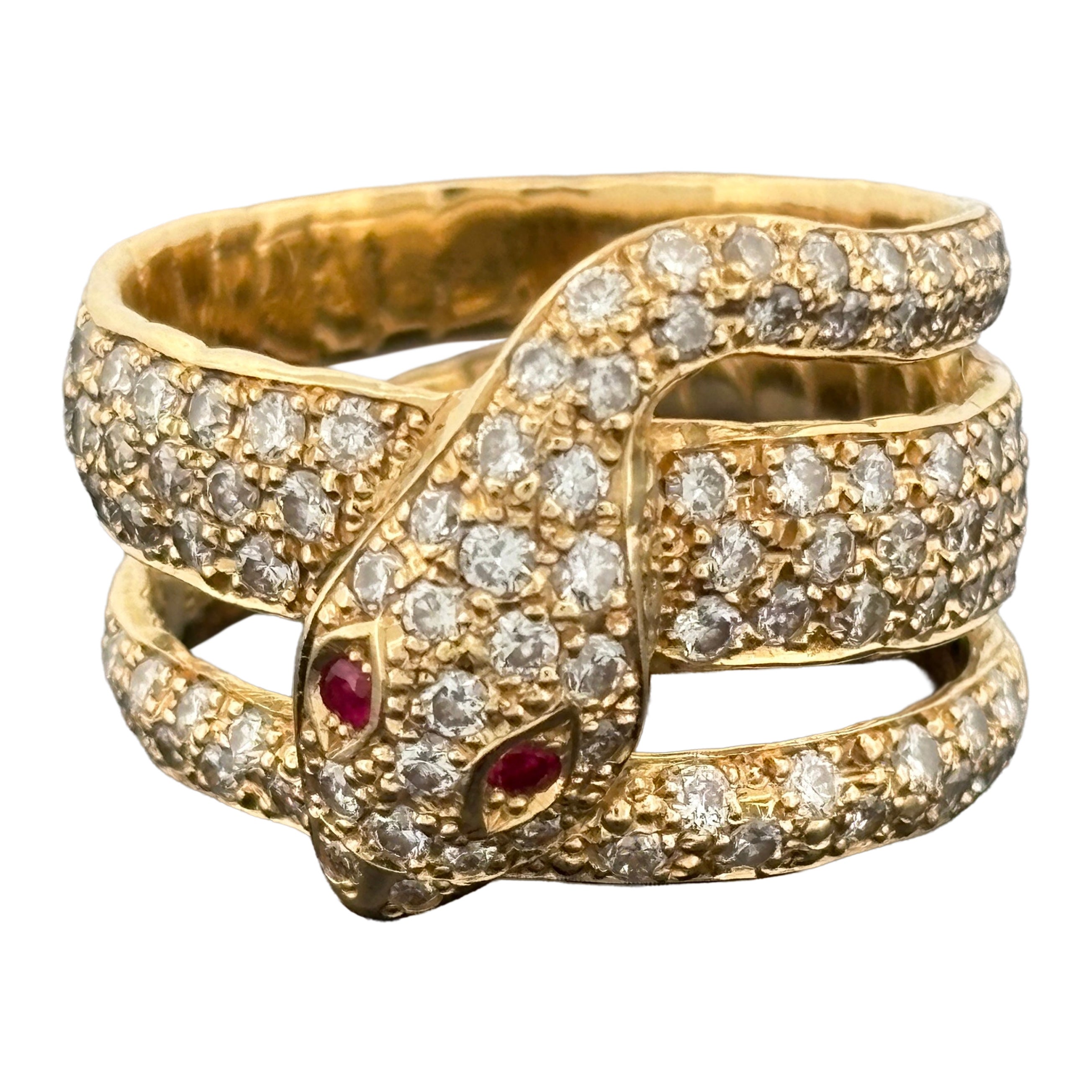 Coiled Serpent Snake Ring in 18K Gold with Pavé Diamonds and Ruby Eyes, 1.12ctw
