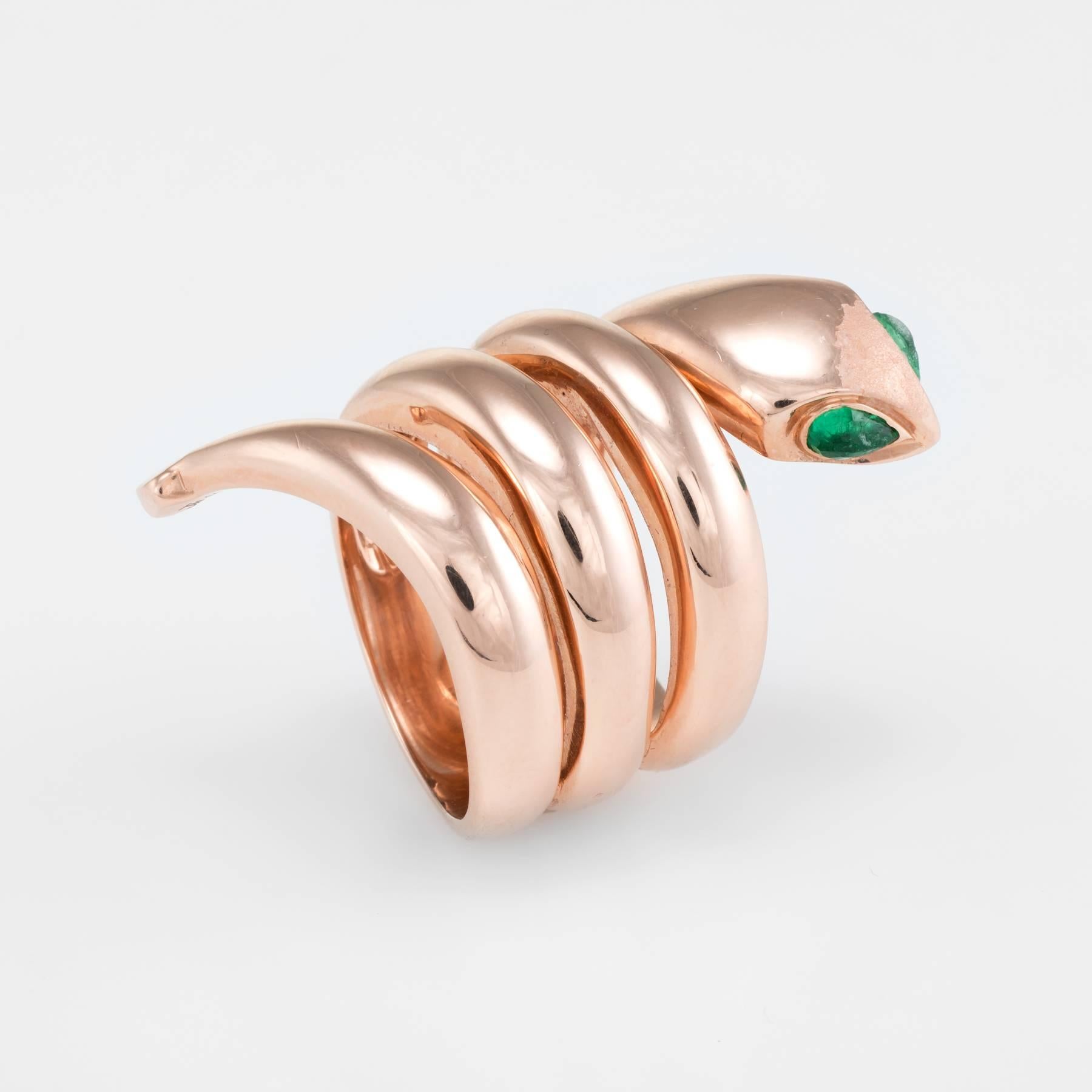Pear Cut Coiled Snake Ring Estate 14 Karat Rose Gold Emerald Eyes