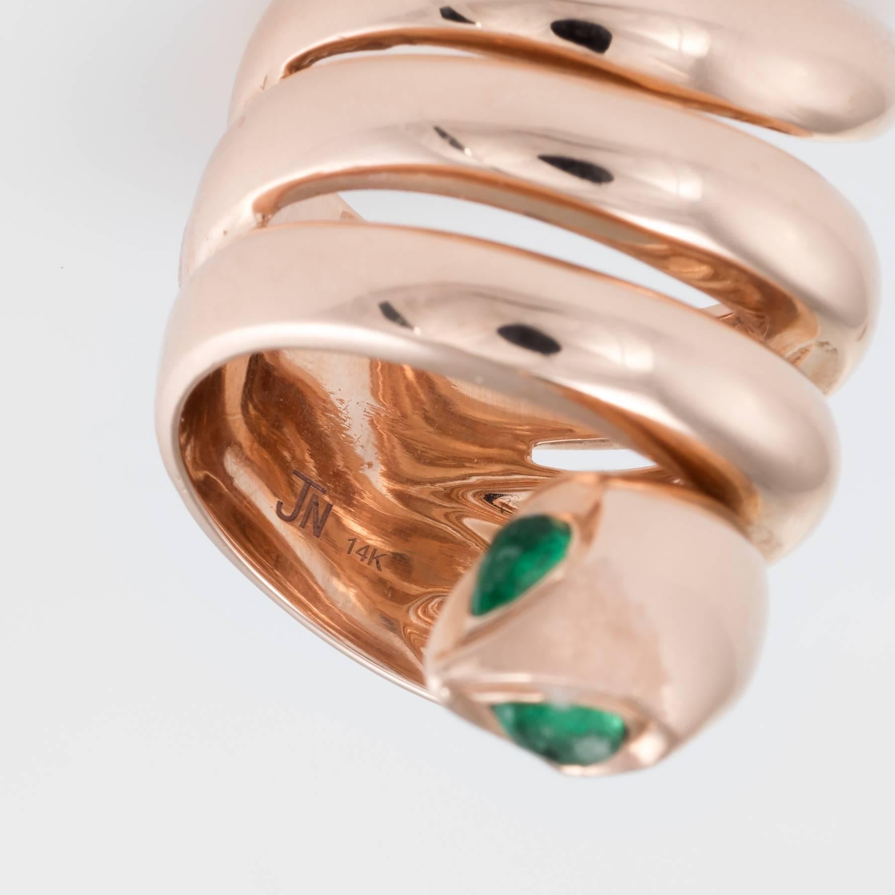 Coiled Snake Ring Estate 14 Karat Rose Gold Emerald Eyes 1