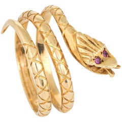 Coiled Snake Ring Vintage 18 Karat Yellow Gold Ruby Eyes Estate Serpent Jewelry