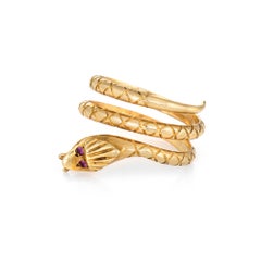 Coiled Snake Ring Vintage 18 Karat Yellow Gold Ruby Eyes Estate Serpent Jewelry