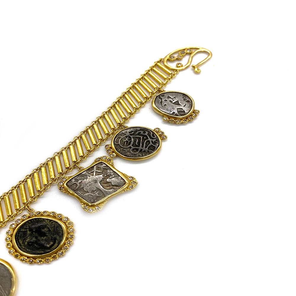 Contemporary Coin Bracelet Set in 20 Karat Yellow Gold with Antique Hanging Coins