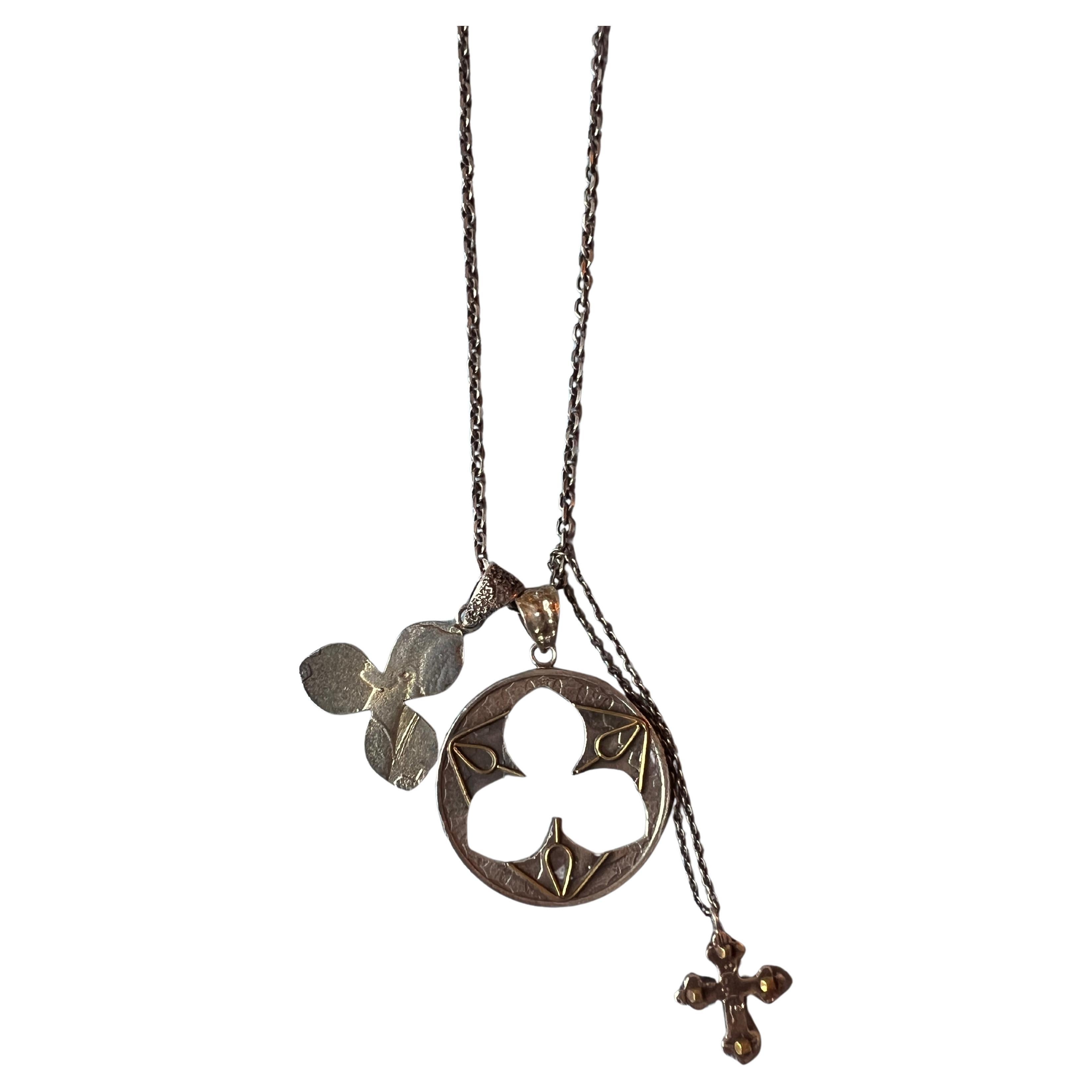 Medal Chain Necklace Clover Cross Silver
