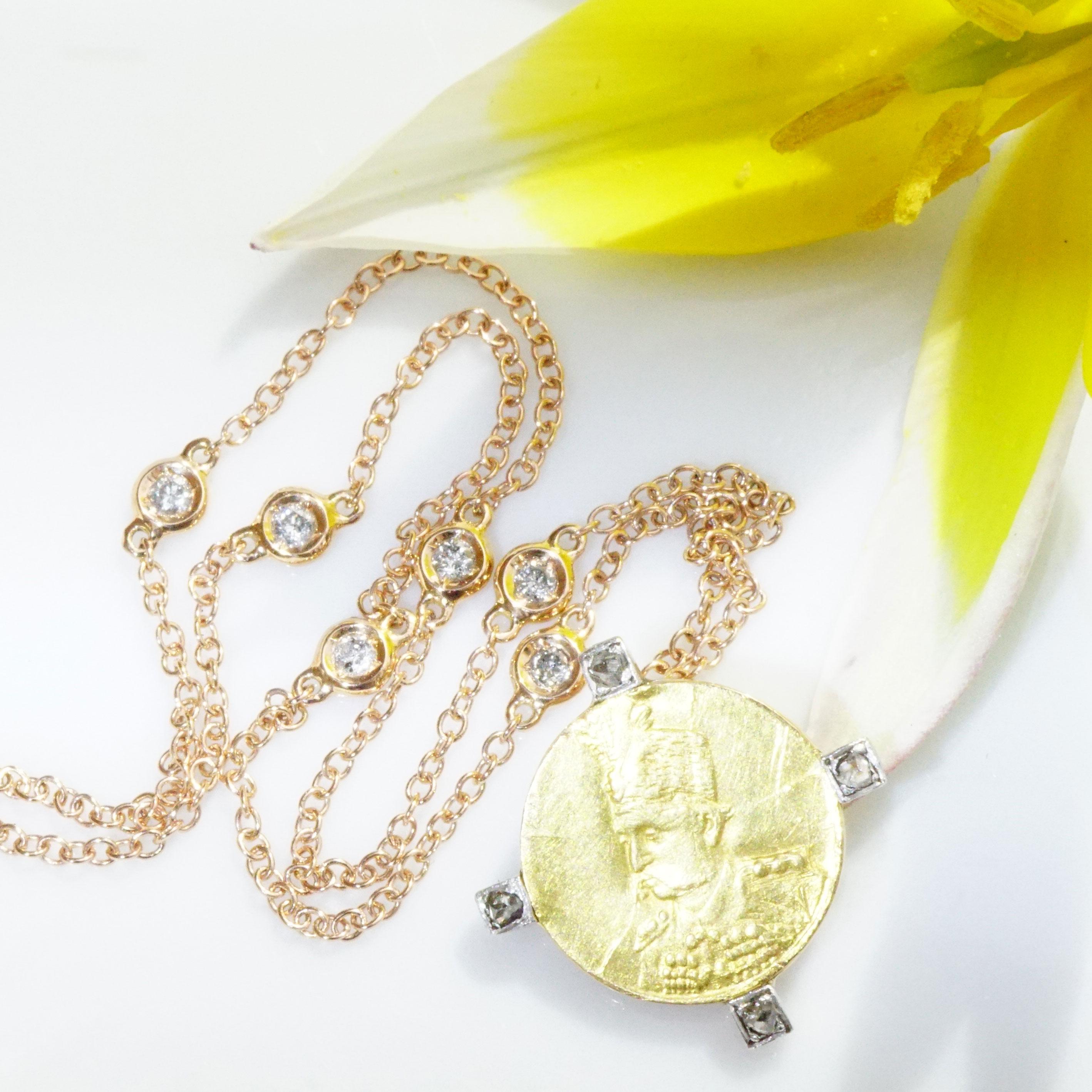 Rose Cut Coin Diamond Pendant with Modern Chain Probably Antique Persian Safavid Coin For Sale