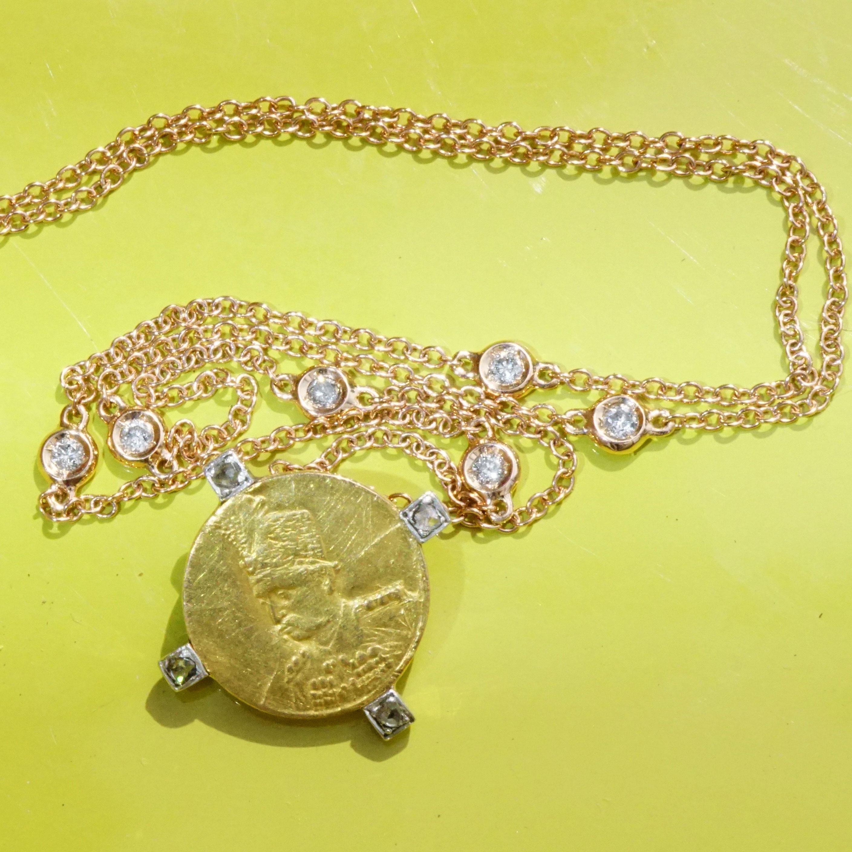 Münze-Diamant-Anhänger mit moderner Kette, wahrscheinlich antike persische Safavid- Münze für Damen oder Herren im Angebot