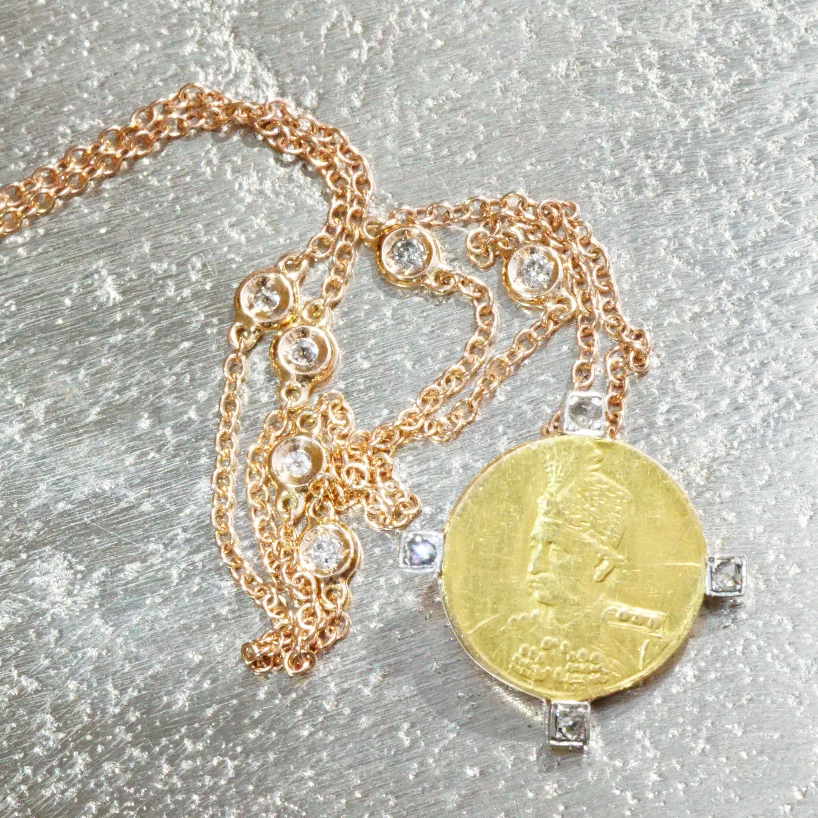 Coin Diamond Pendant with Modern Chain Probably Antique Persian Safavid Coin For Sale 2