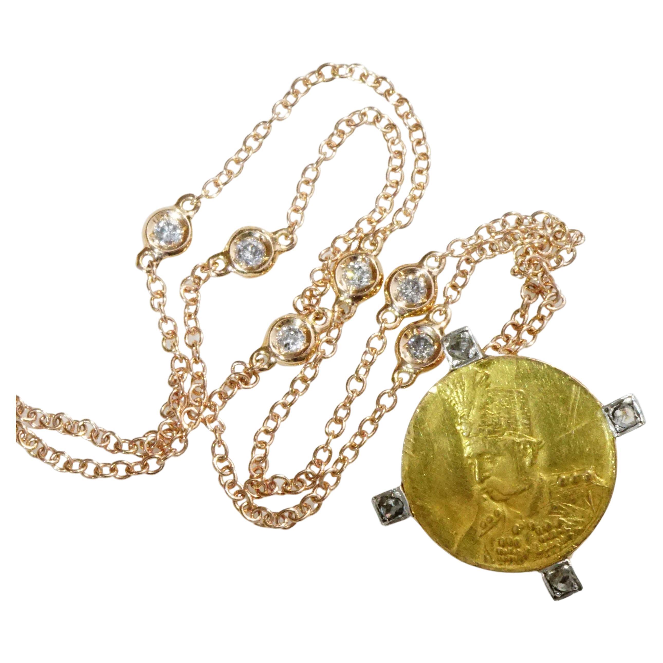 Coin Diamond Pendant with Modern Chain Probably Antique Persian Safavid Coin For Sale