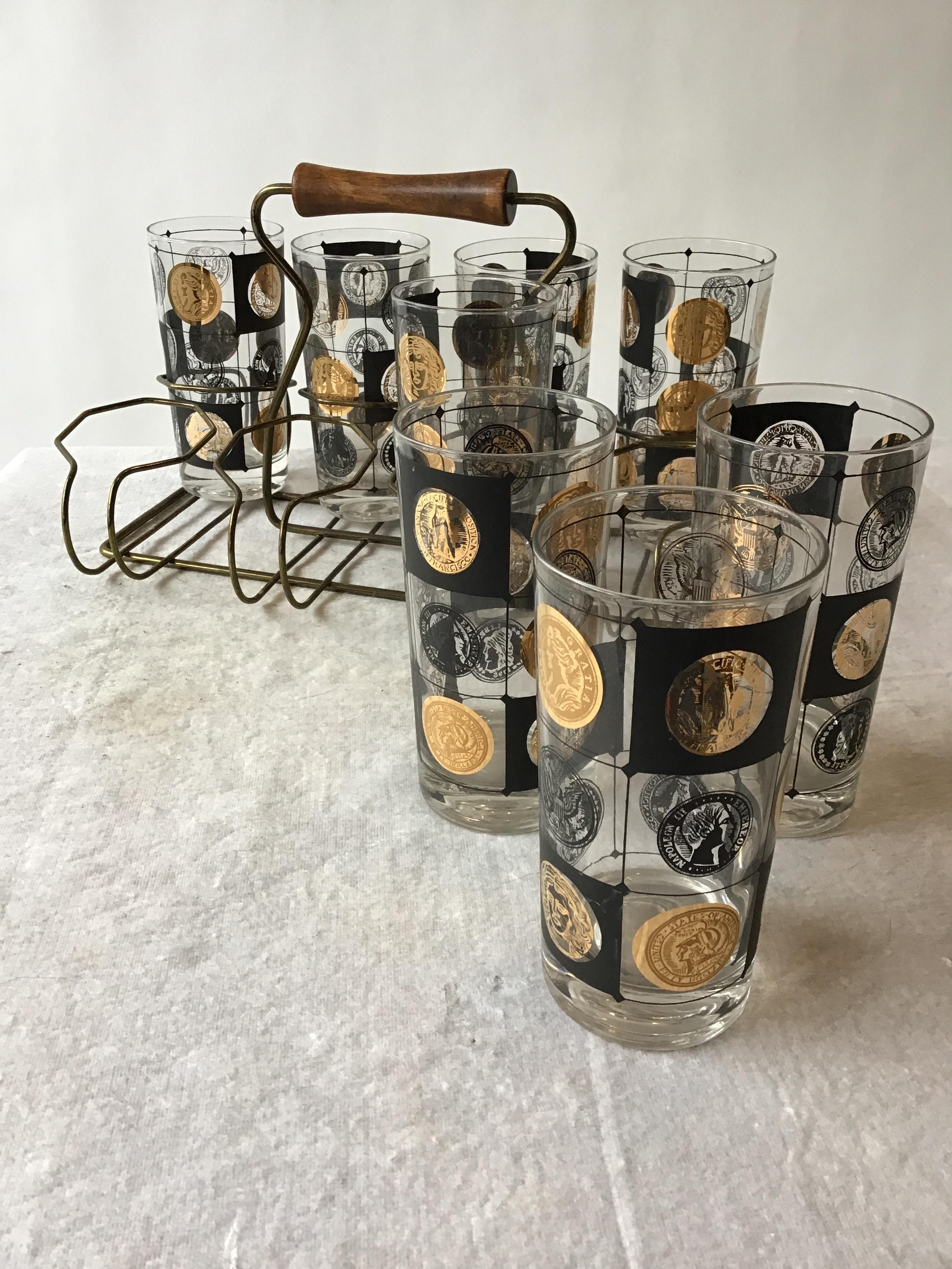8 1950s coin embossed drinking glasses by Libbey. With carrying case.