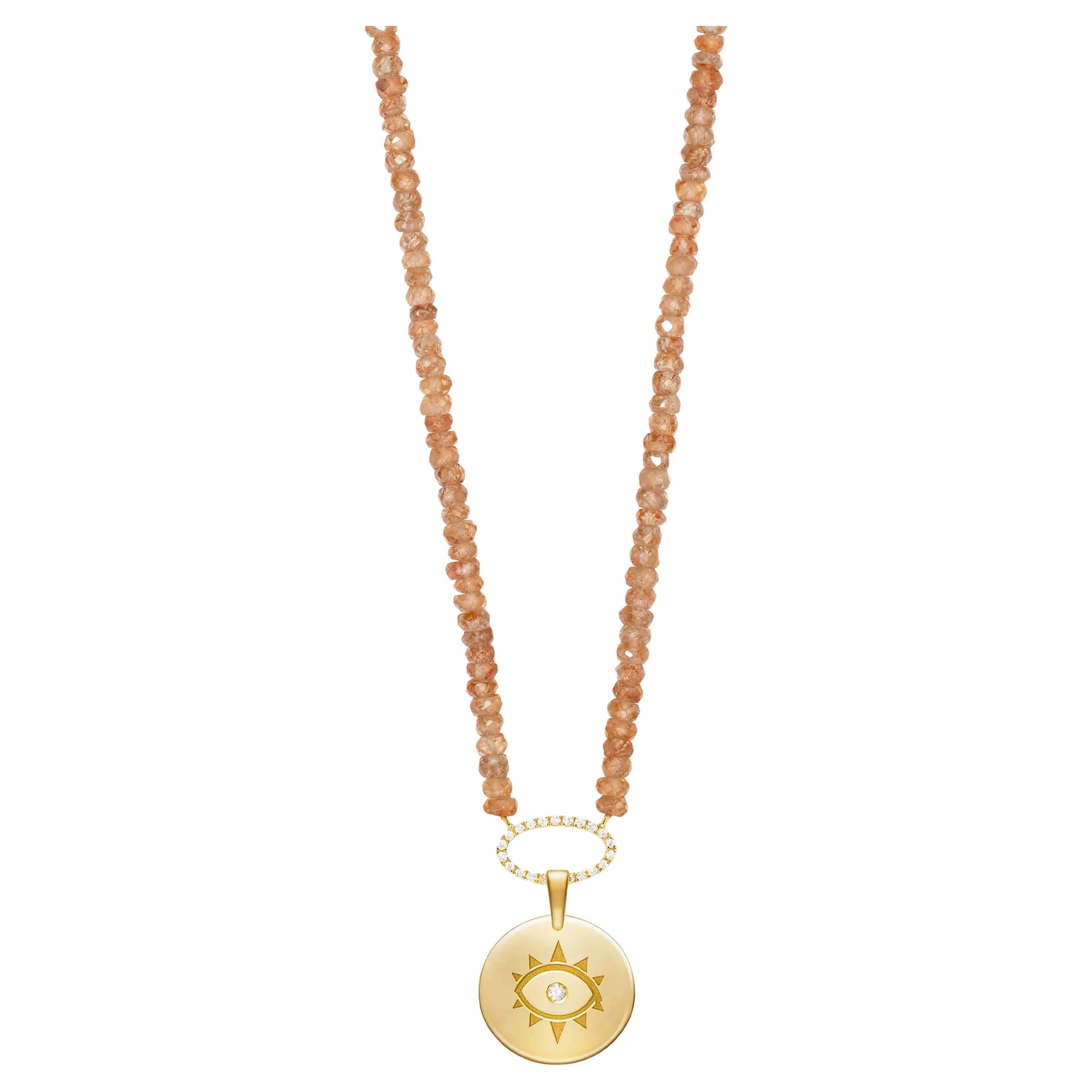 Zircon Apricot Beaded Necklace with Coin Evil Eye Pendant For Sale