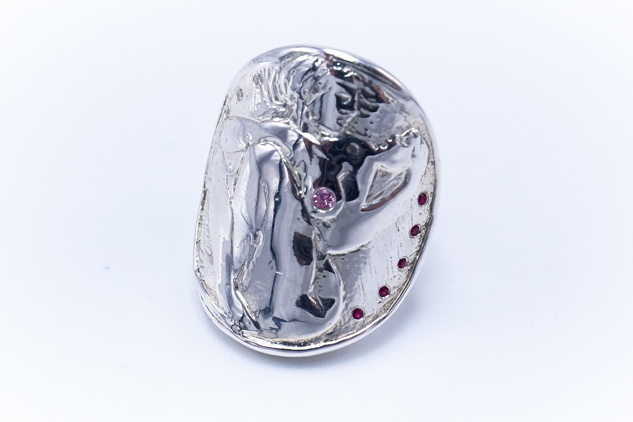 Brilliant Cut Coin Medal Ring Sterling Silver Woman White Diamond Ruby Pink Sapphire J Dauphin For Sale