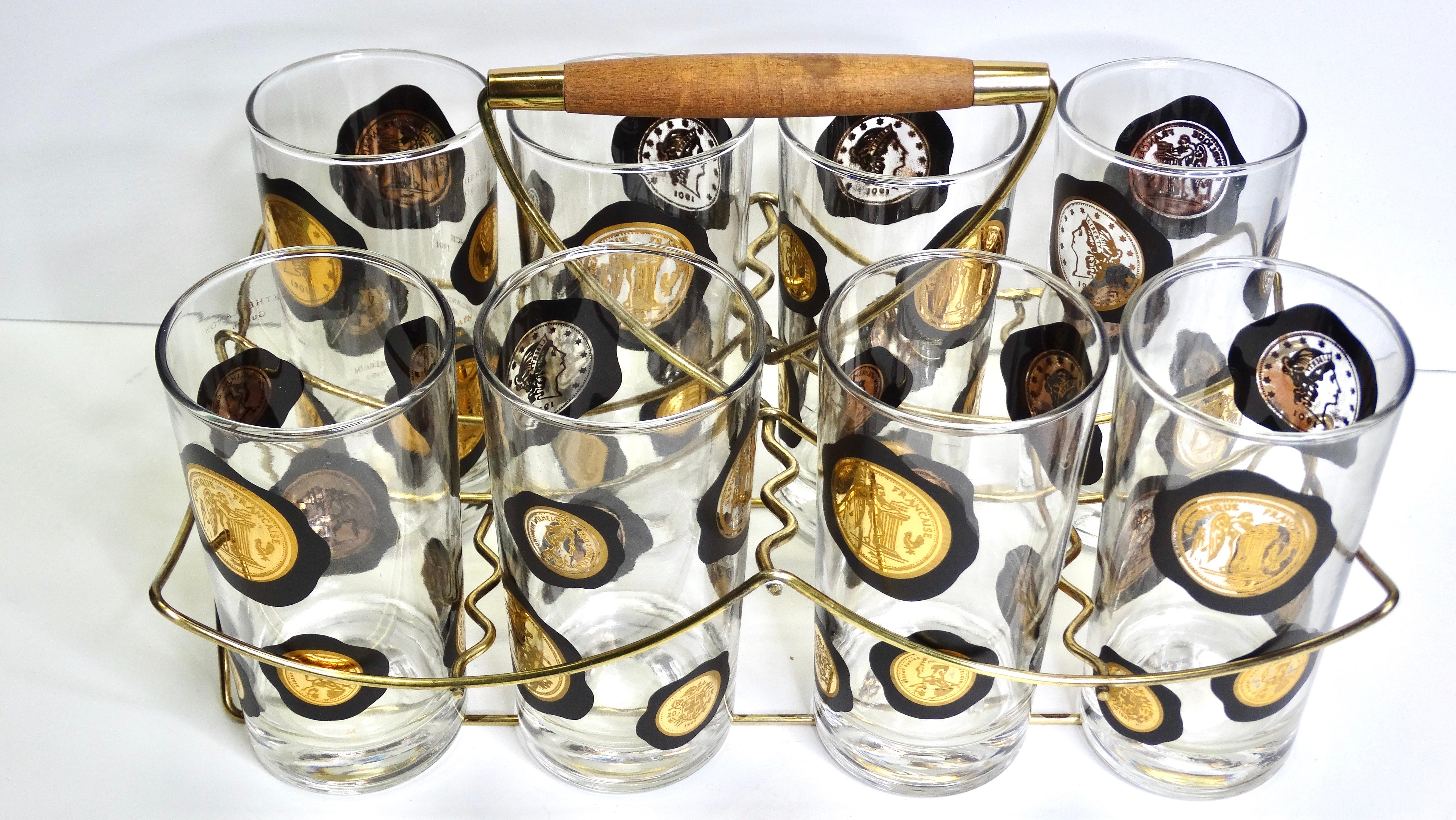 Coin Motif Glassware and Carrier Gold/Black Set of 8 For Sale at