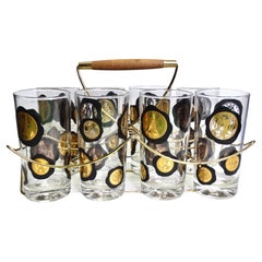 Used Coin Motif Glassware & Carrier Gold/Black- Set of 8